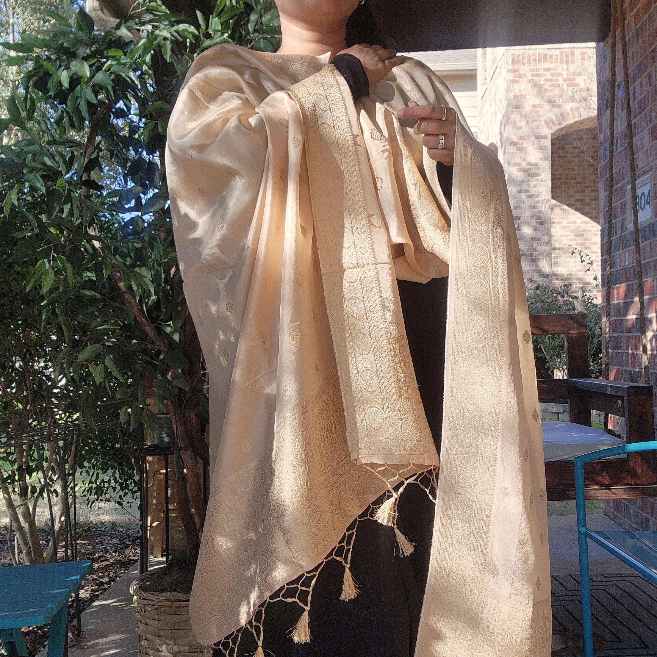 Banarasi Beige Dola Silk with Golden Zari border & Floral motifs