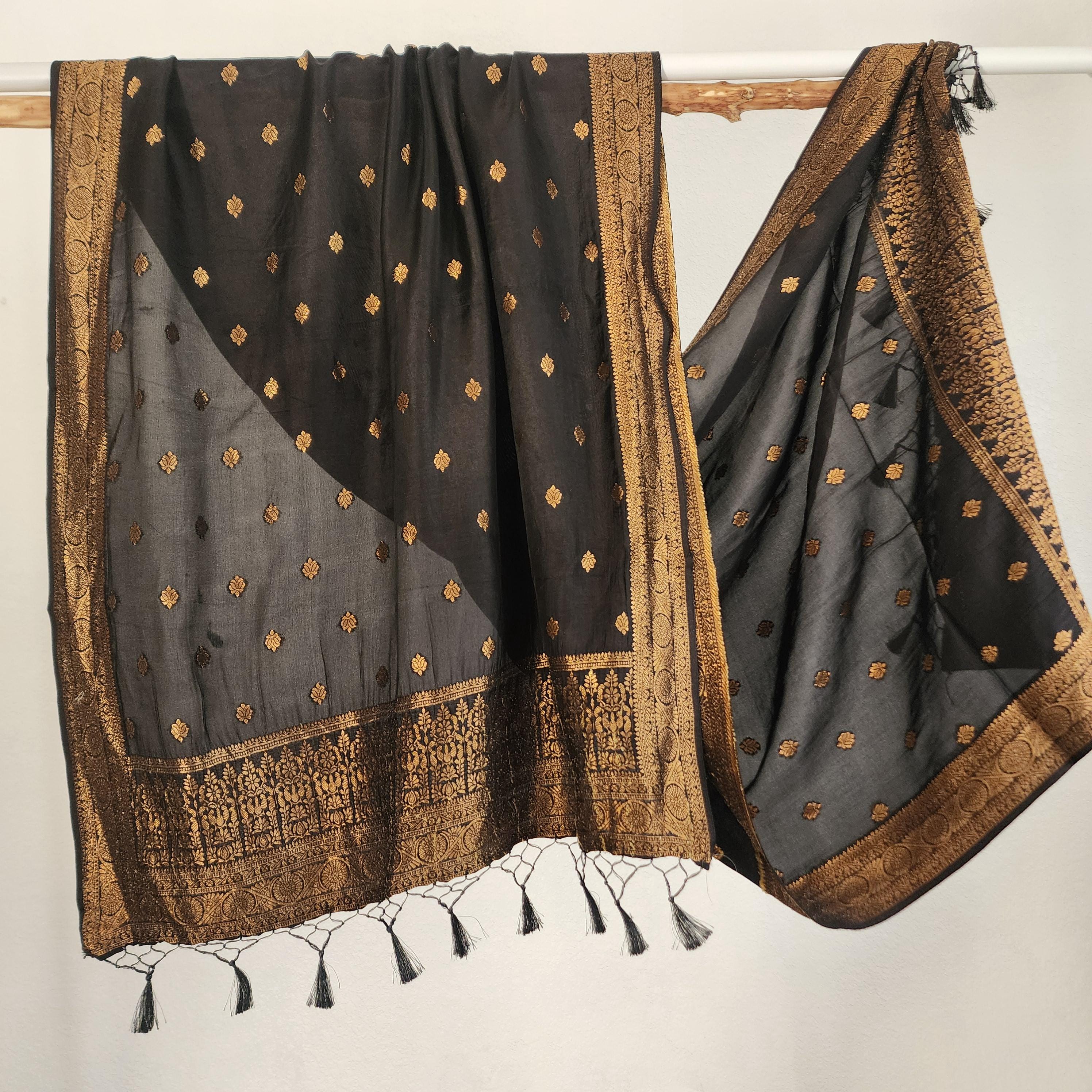Banarasi Black Dola Silk with Golden Zari border & Floral motifs