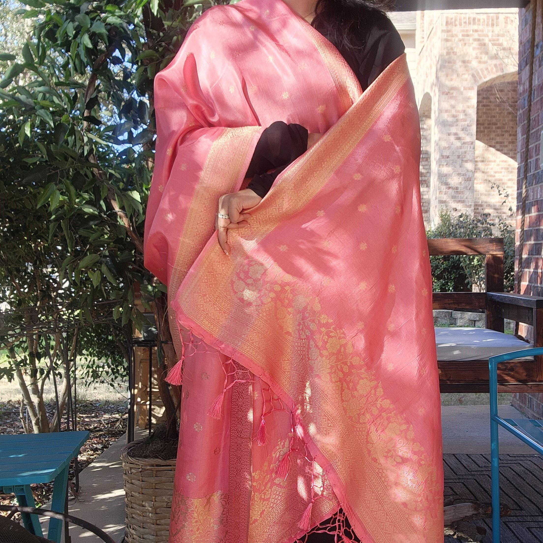 Banarasi Pink Dola Silk with Golden Zari border & Floral motifs