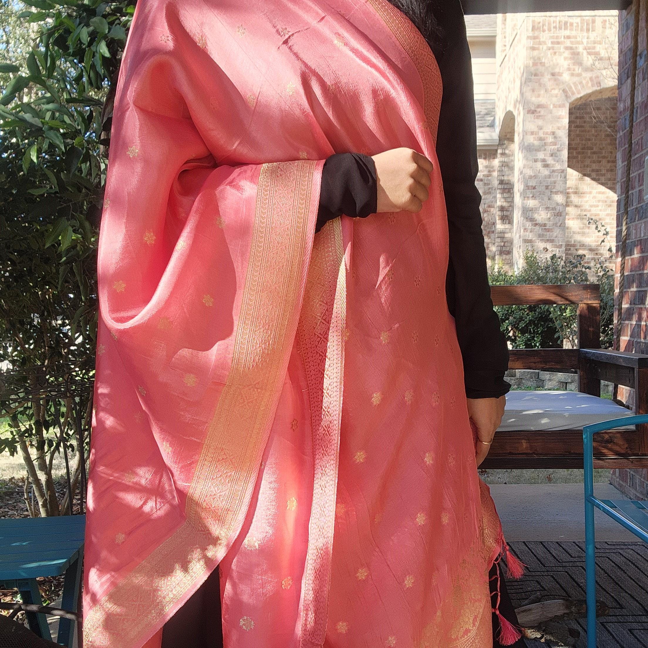 Banarasi Pink Dola Silk with Golden Zari border & Floral motifs