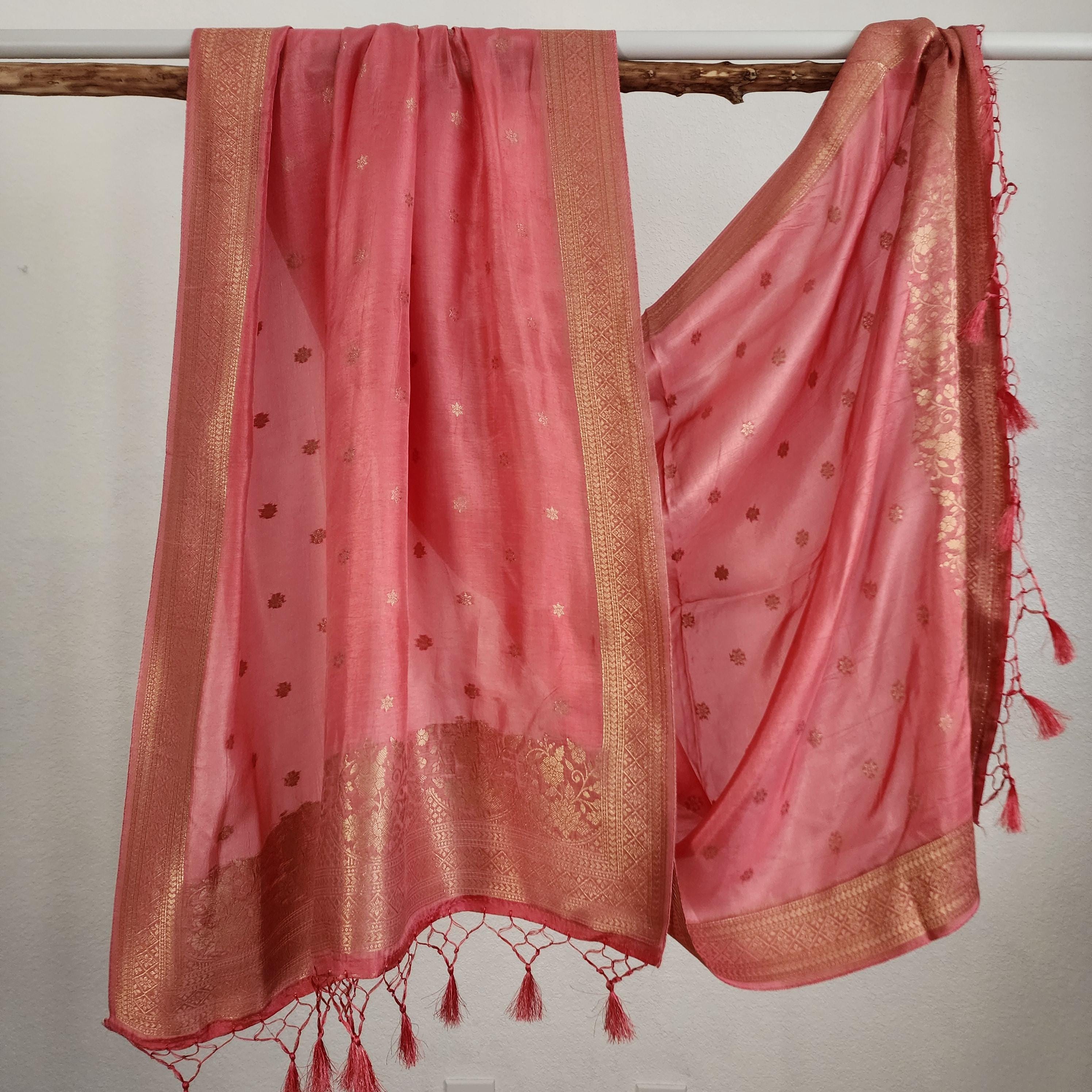 Banarasi Pink Dola Silk with Golden Zari border & Floral motifs