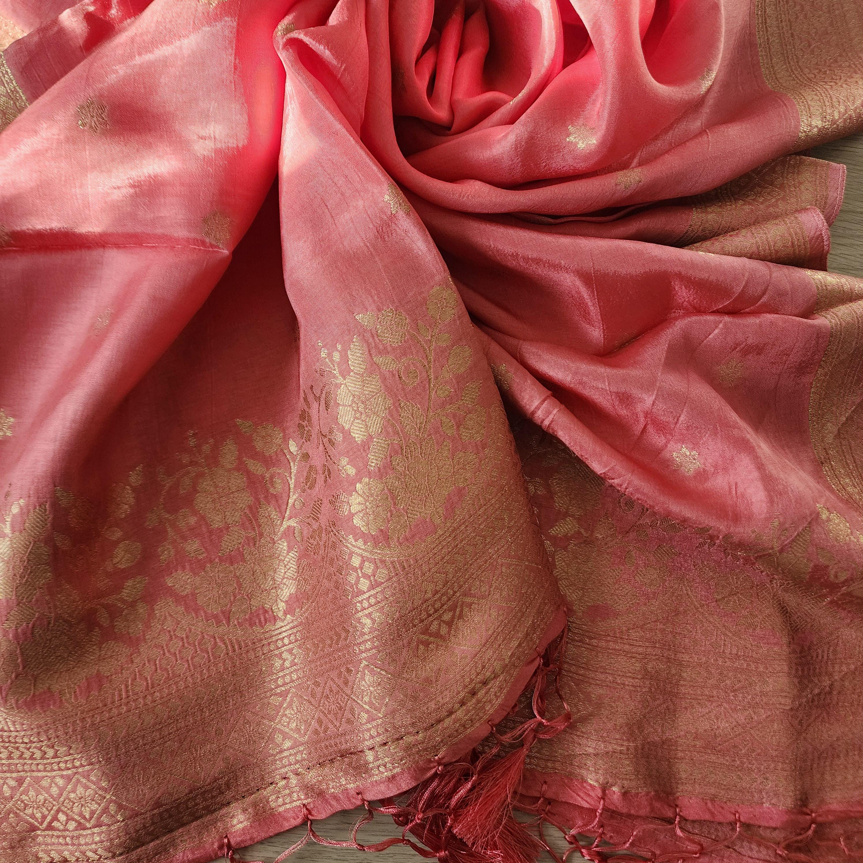 Banarasi Pink Dola Silk with Golden Zari border & Floral motifs