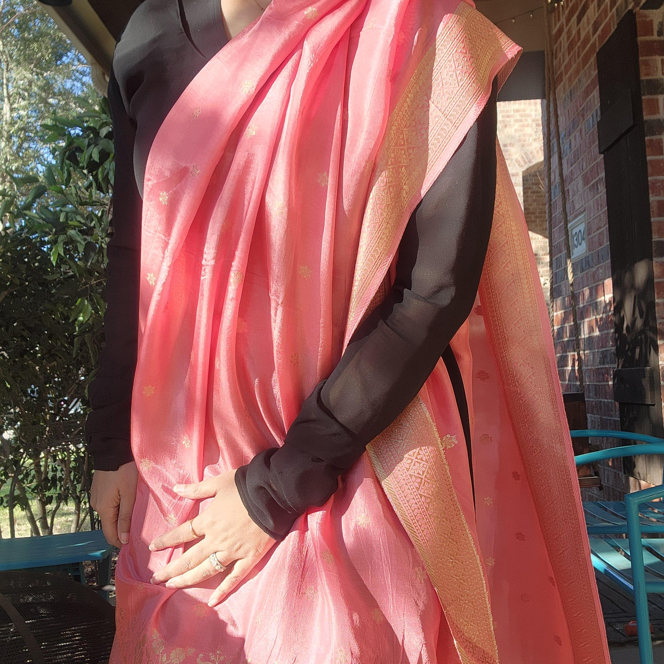 Banarasi Pink Dola Silk with Golden Zari border & Floral motifs
