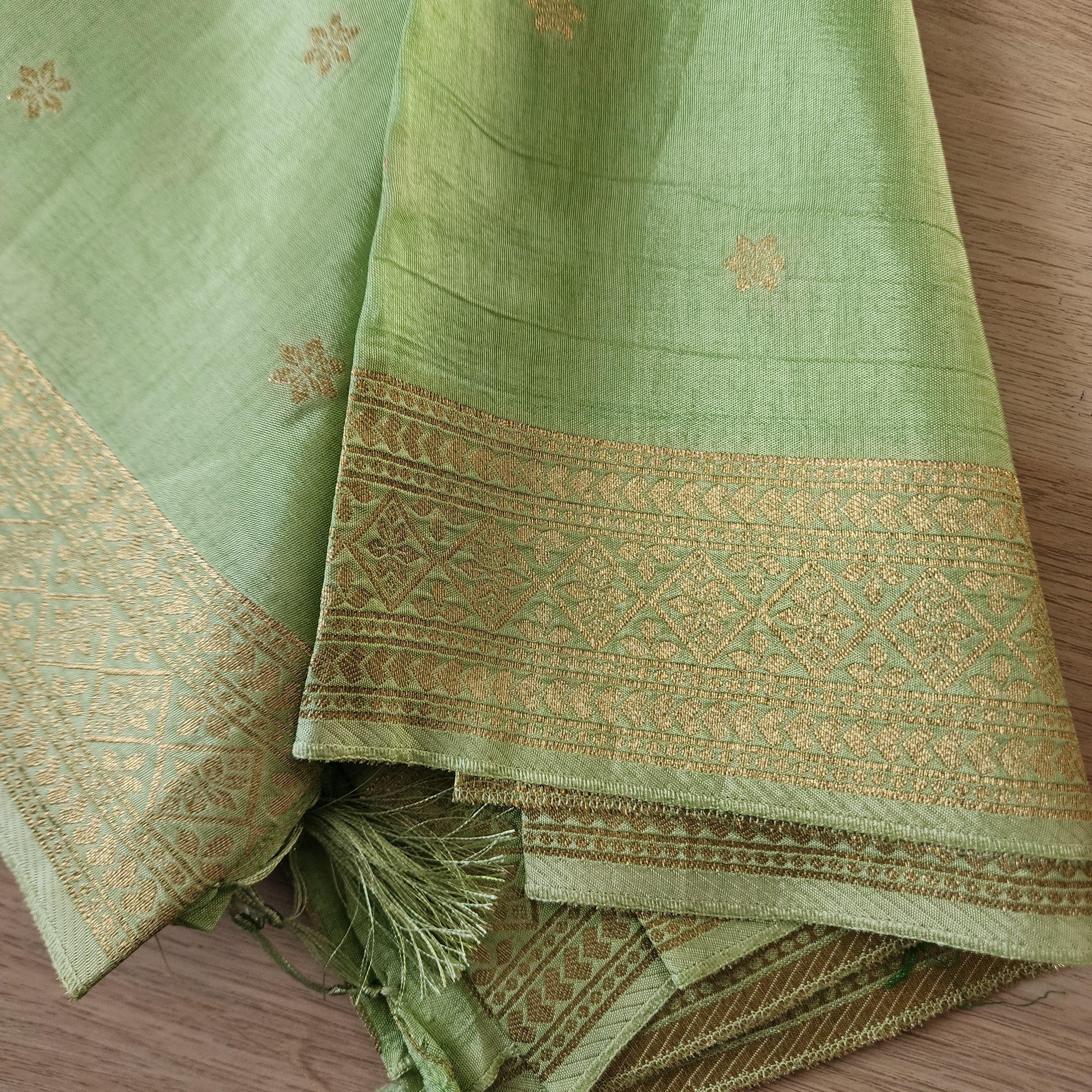 Banarasi Light Green Dola Silk with Golden Zari border & Floral motifs