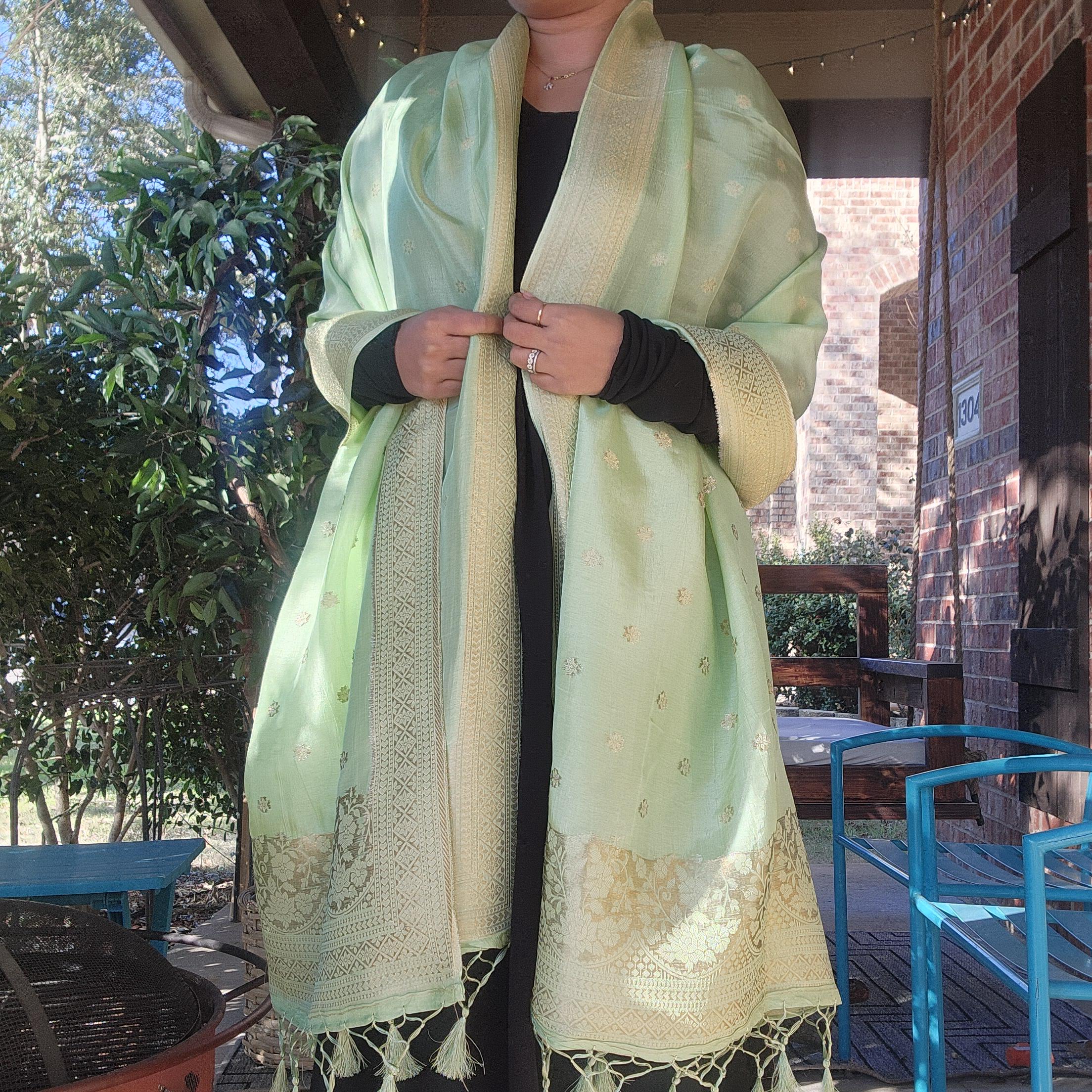 Banarasi Light Green Dola Silk with Golden Zari border & Floral motifs