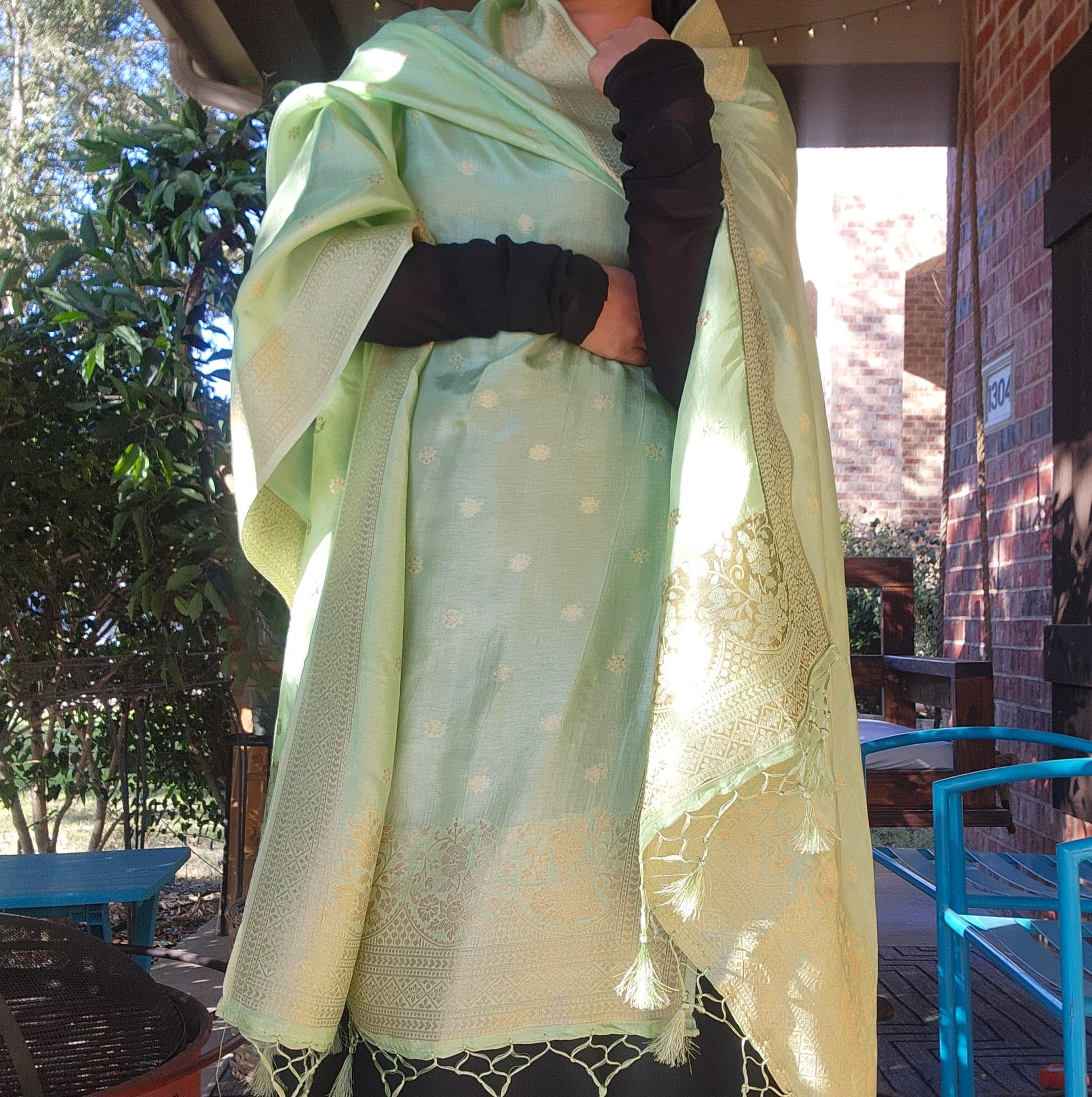 Banarasi Light Green Dola Silk with Golden Zari border & Floral motifs
