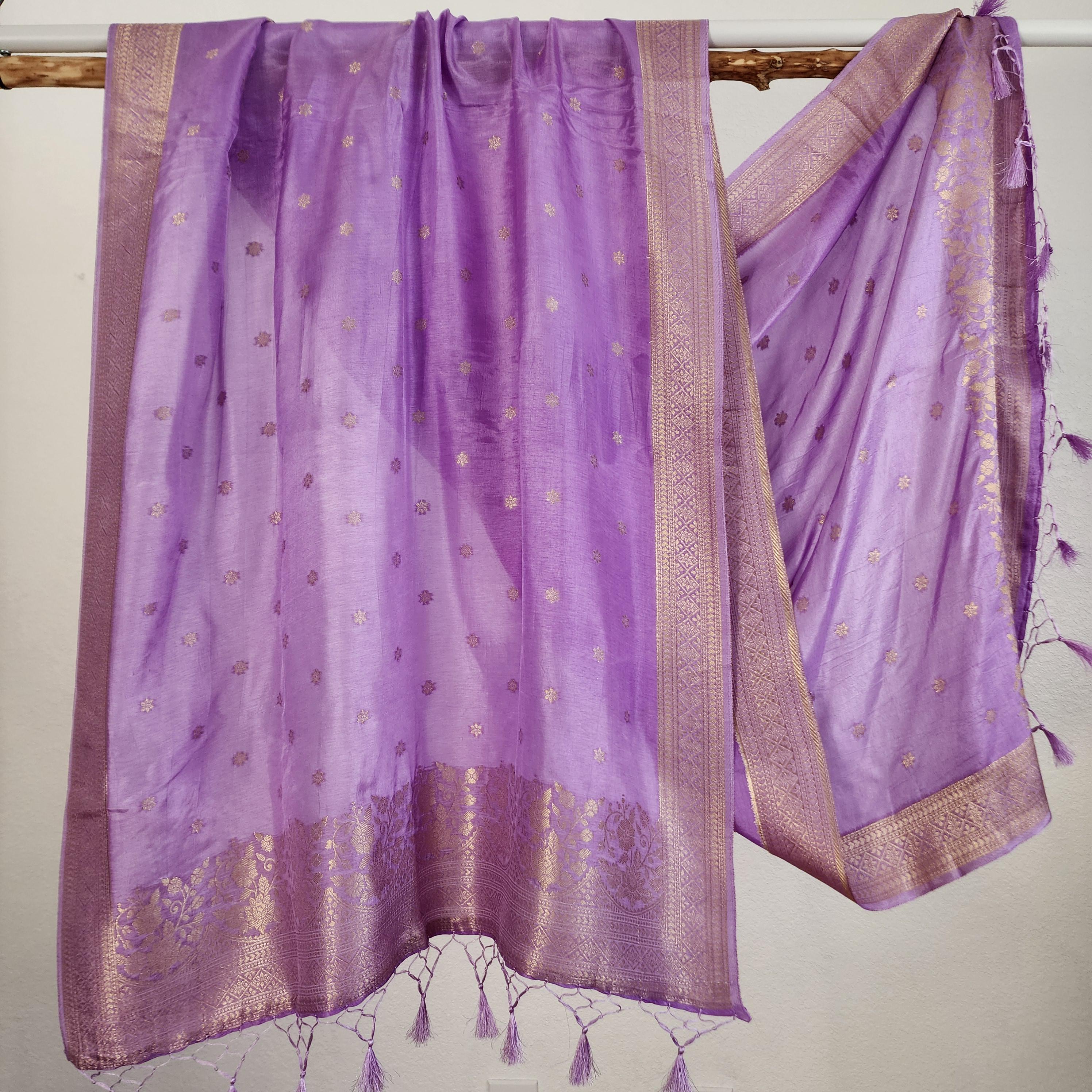 Banarasi Lavender Dola Silk with Golden Zari border & Floral motifs