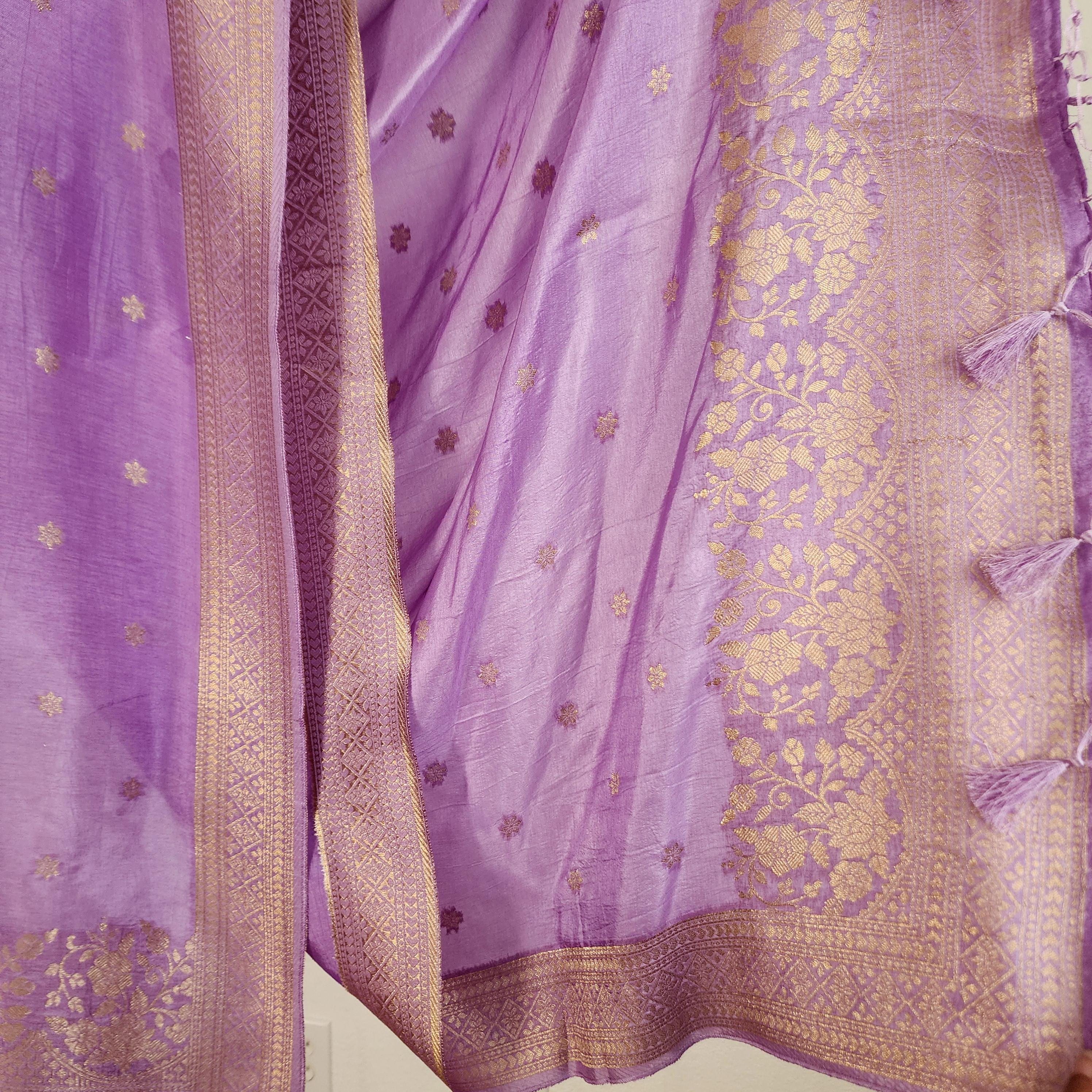 Banarasi Lavender Dola Silk with Golden Zari border & Floral motifs