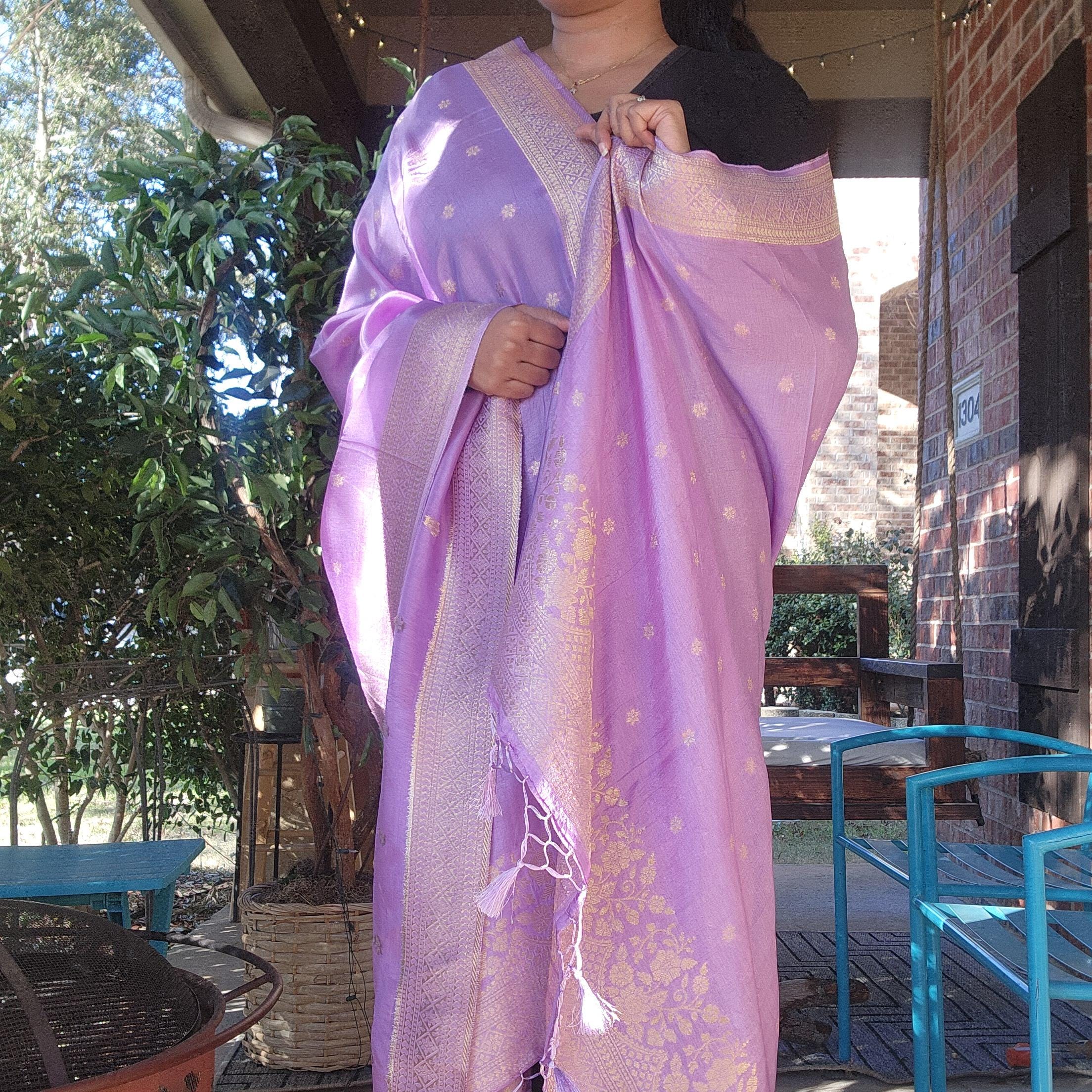 Banarasi Lavender Dola Silk with Golden Zari border & Floral motifs