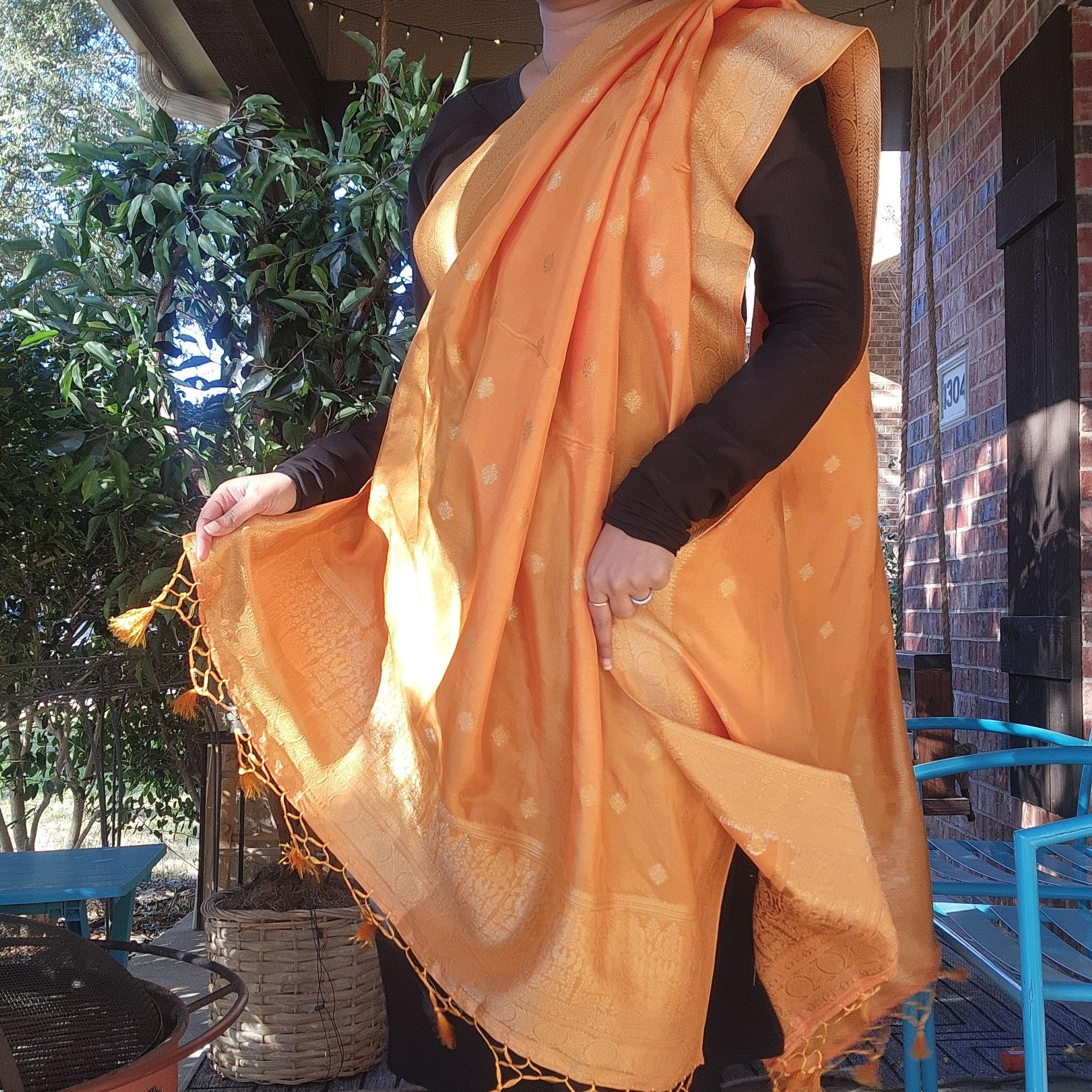 Banarasi Mustard Yellow Dola Silk with Golden Zari border & Floral motifs