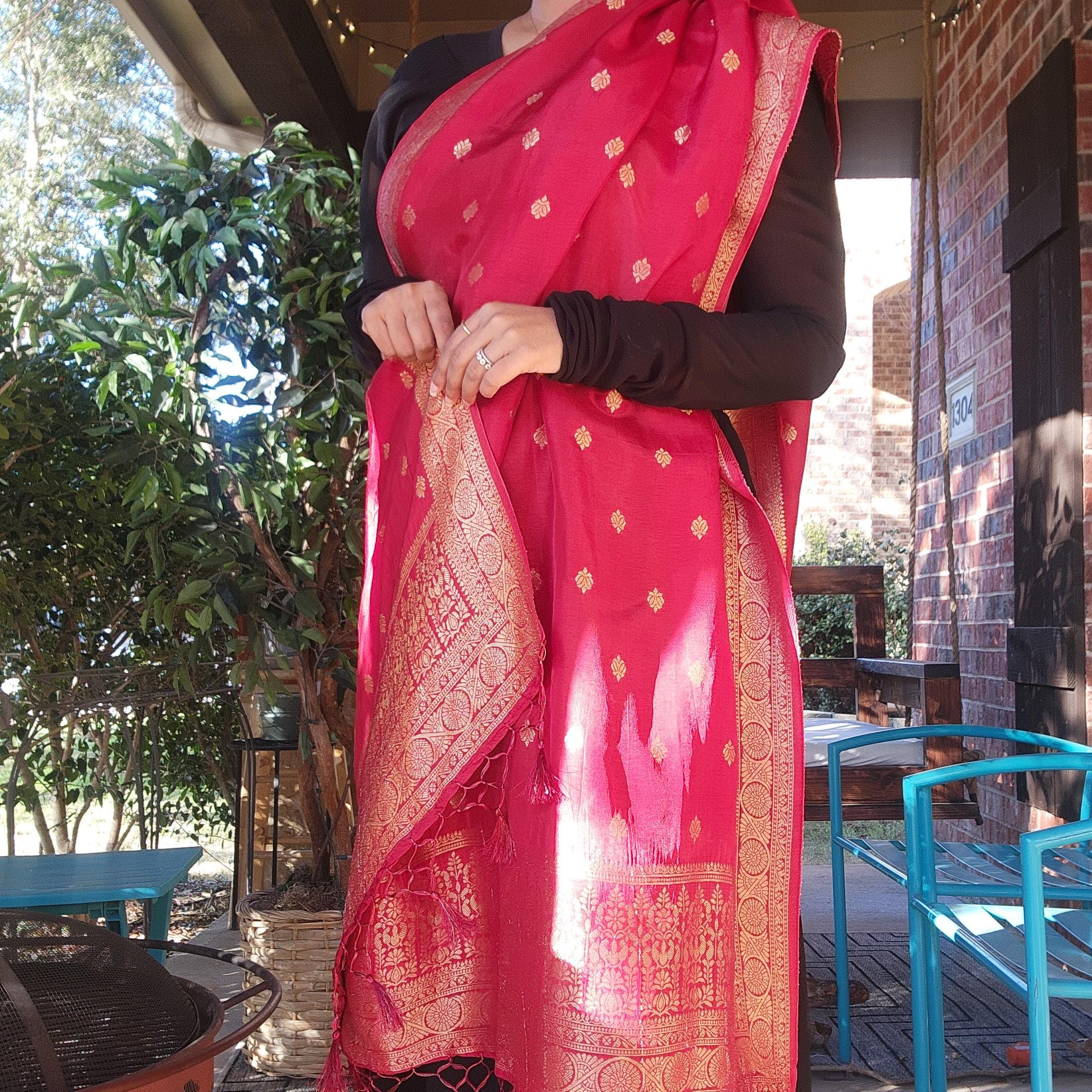 Banarasi Maroon Red Dola Silk with Golden Zari border & Floral motifs