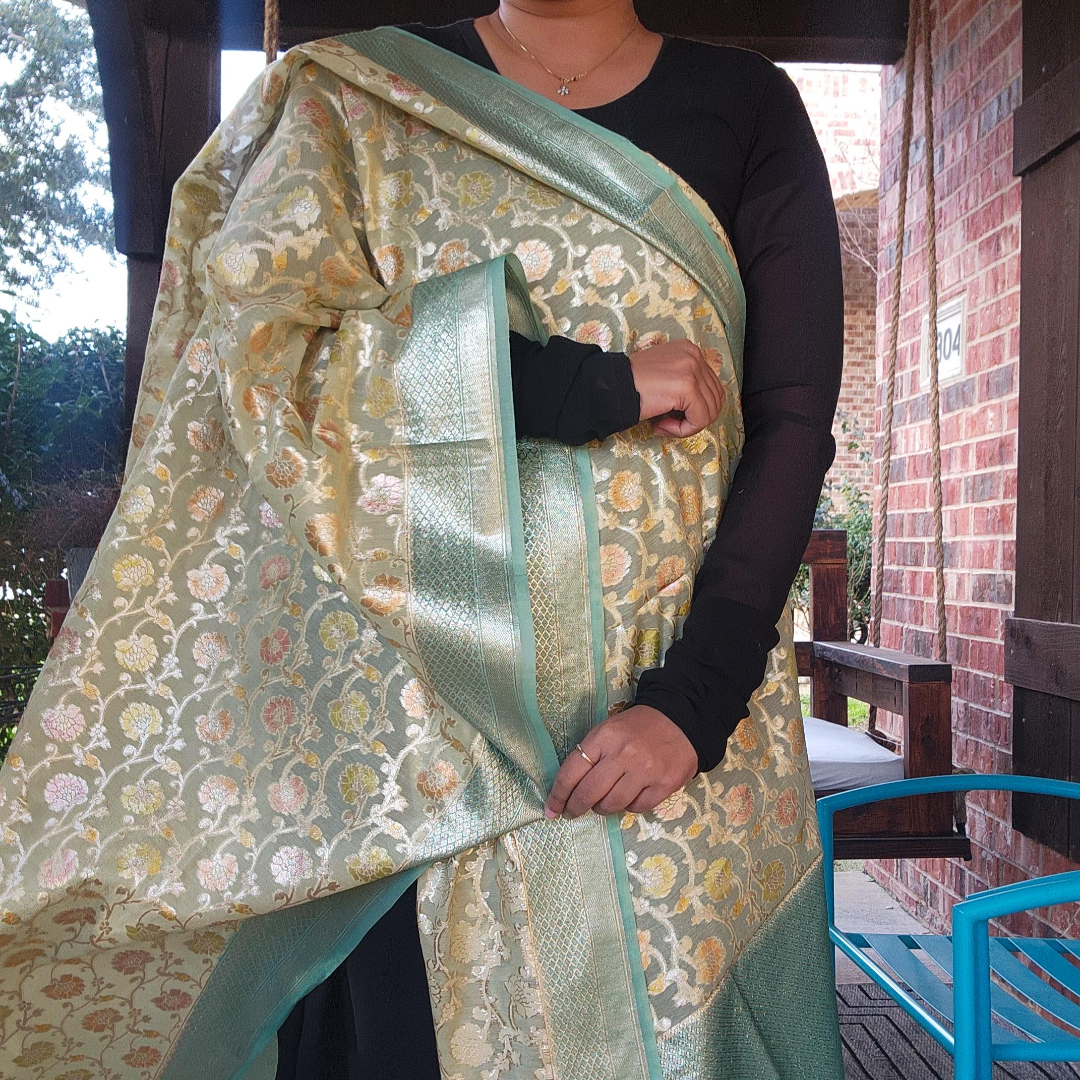 Banarasi Linen Silk Light Green dupatta, Handpainted Multicolor meenakari work