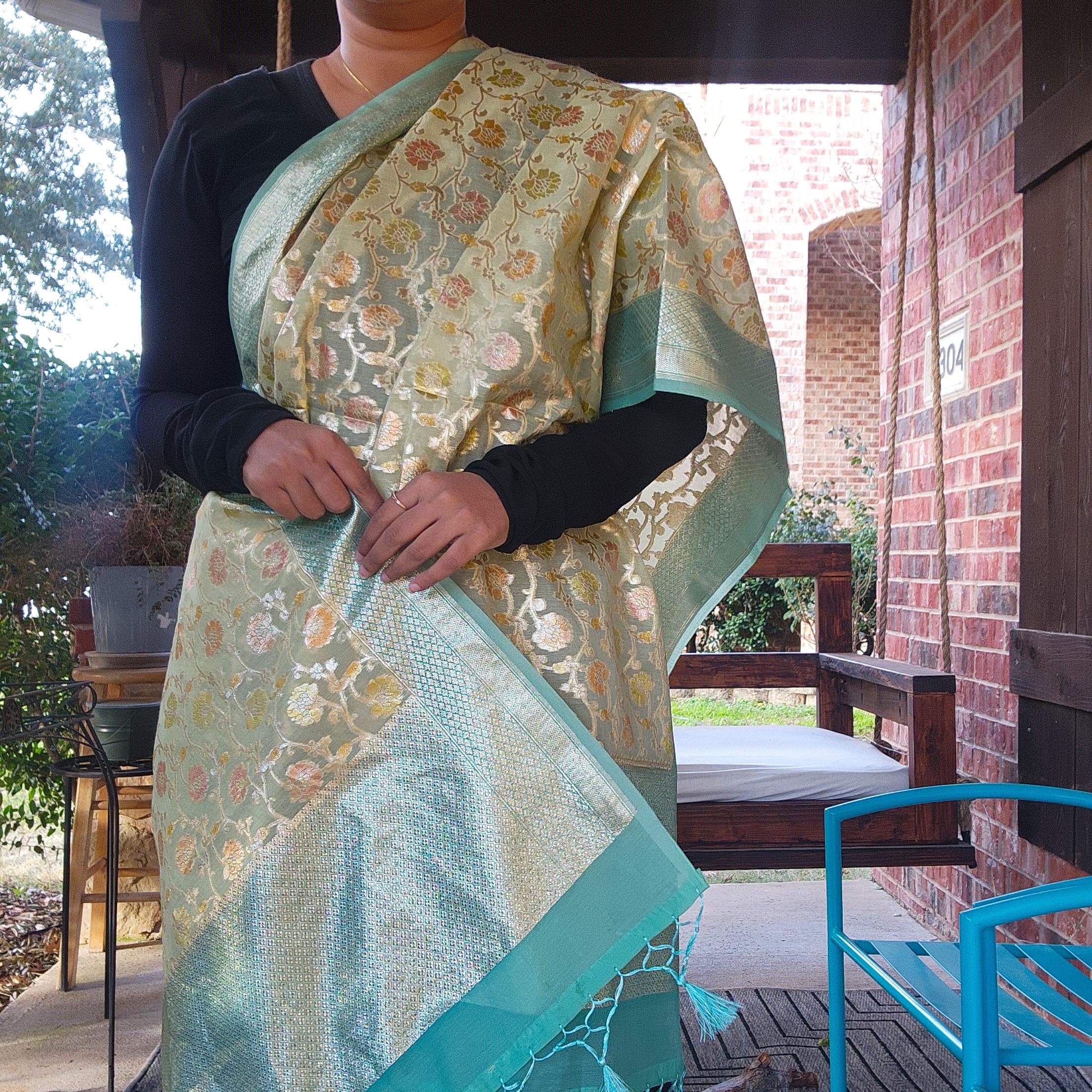 Banarasi Linen Silk Light Green dupatta, Handpainted Multicolor meenakari work