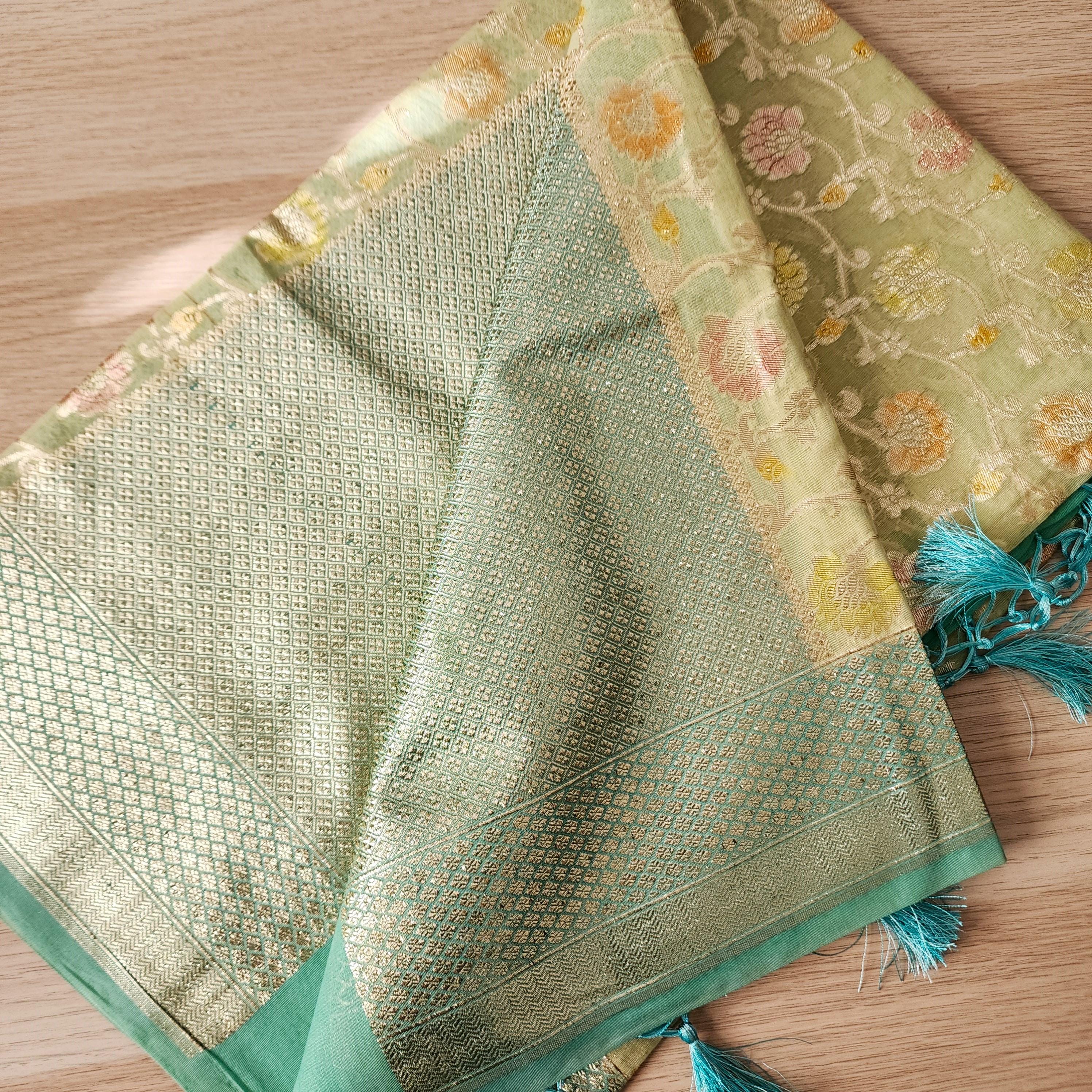 Banarasi Linen Silk Light Green dupatta, Handpainted Multicolor meenakari work