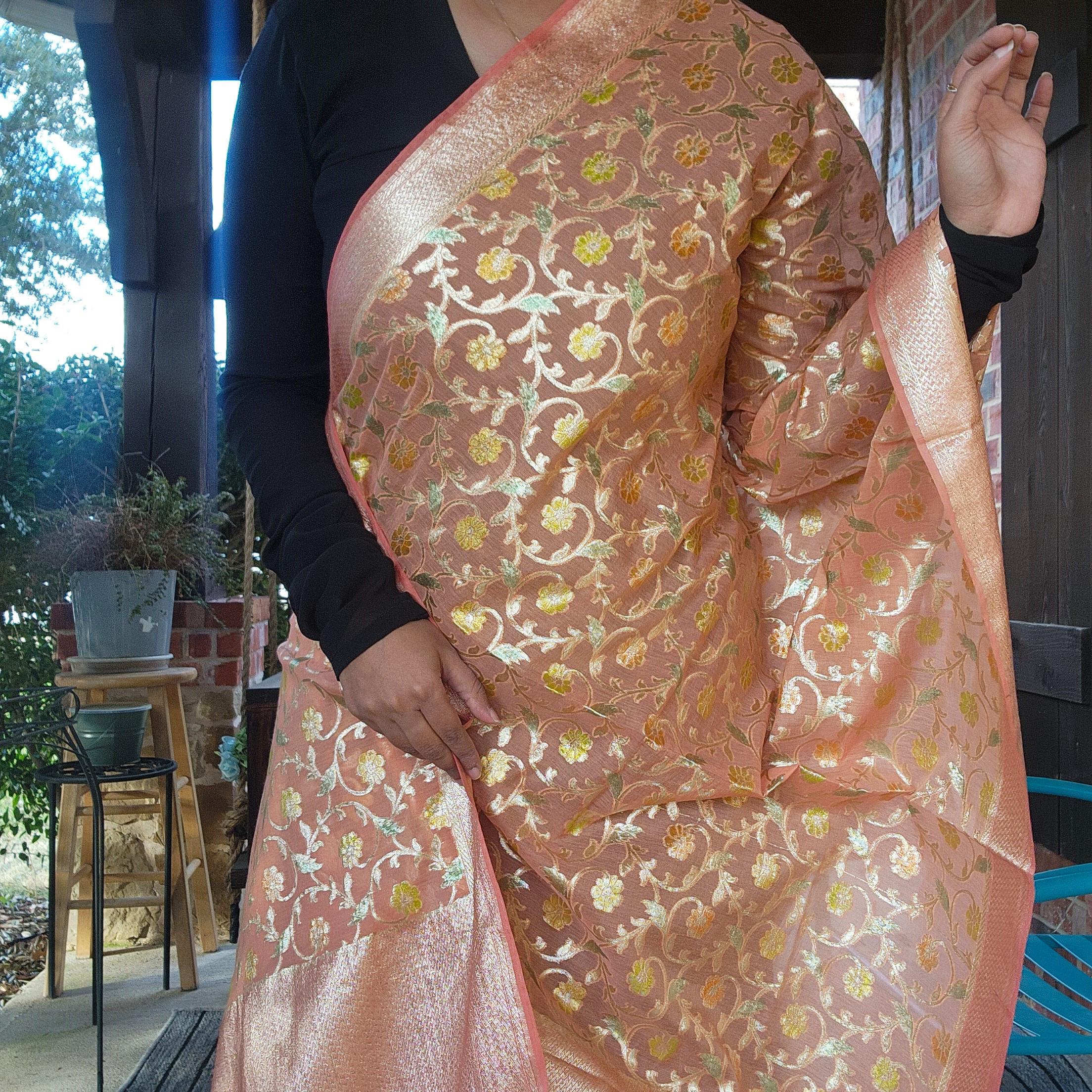Banarasi Linen Silk Peach Pink dupatta, Handpainted Multicolor meenakari work