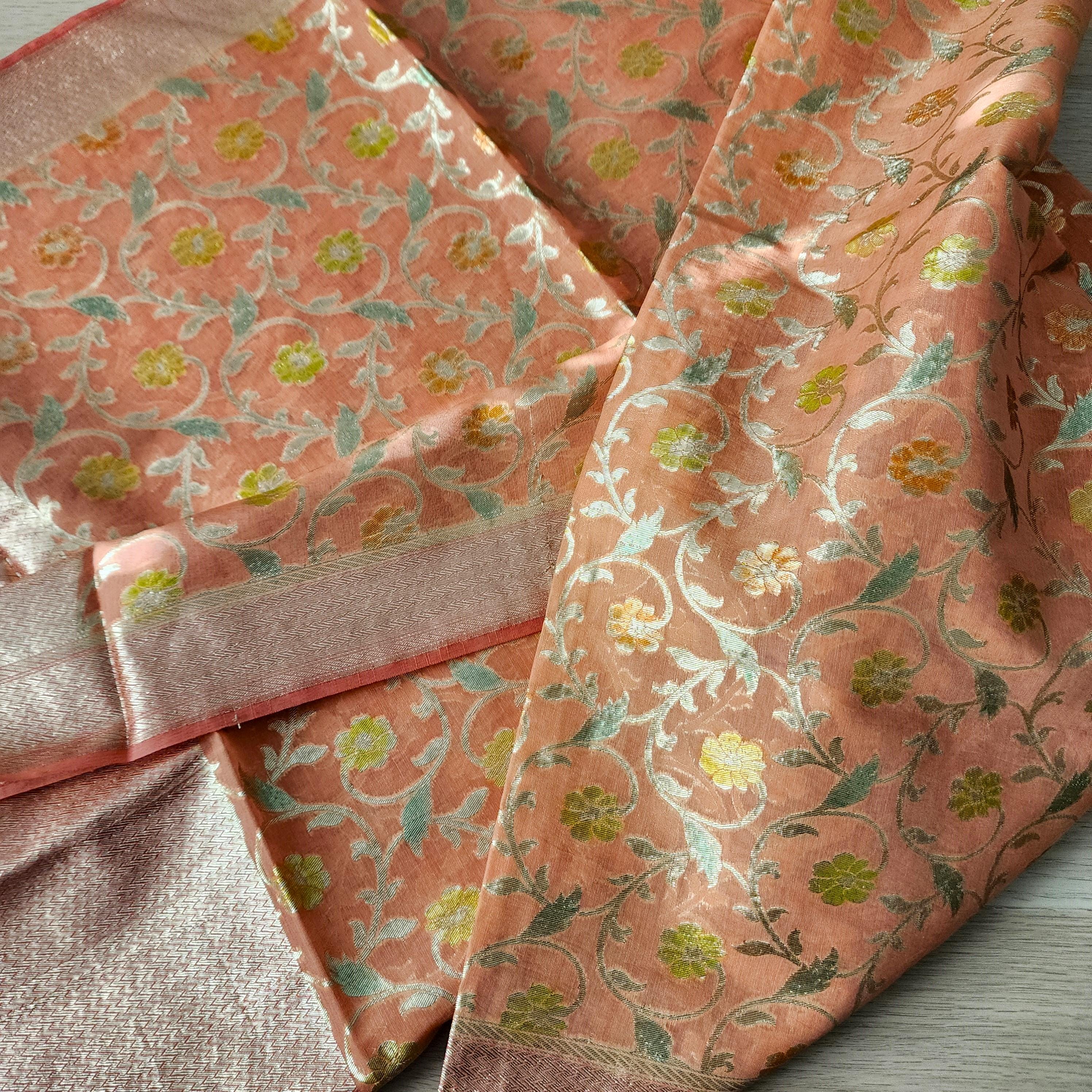 Banarasi Linen Silk Peach Pink dupatta, Handpainted Multicolor meenakari work