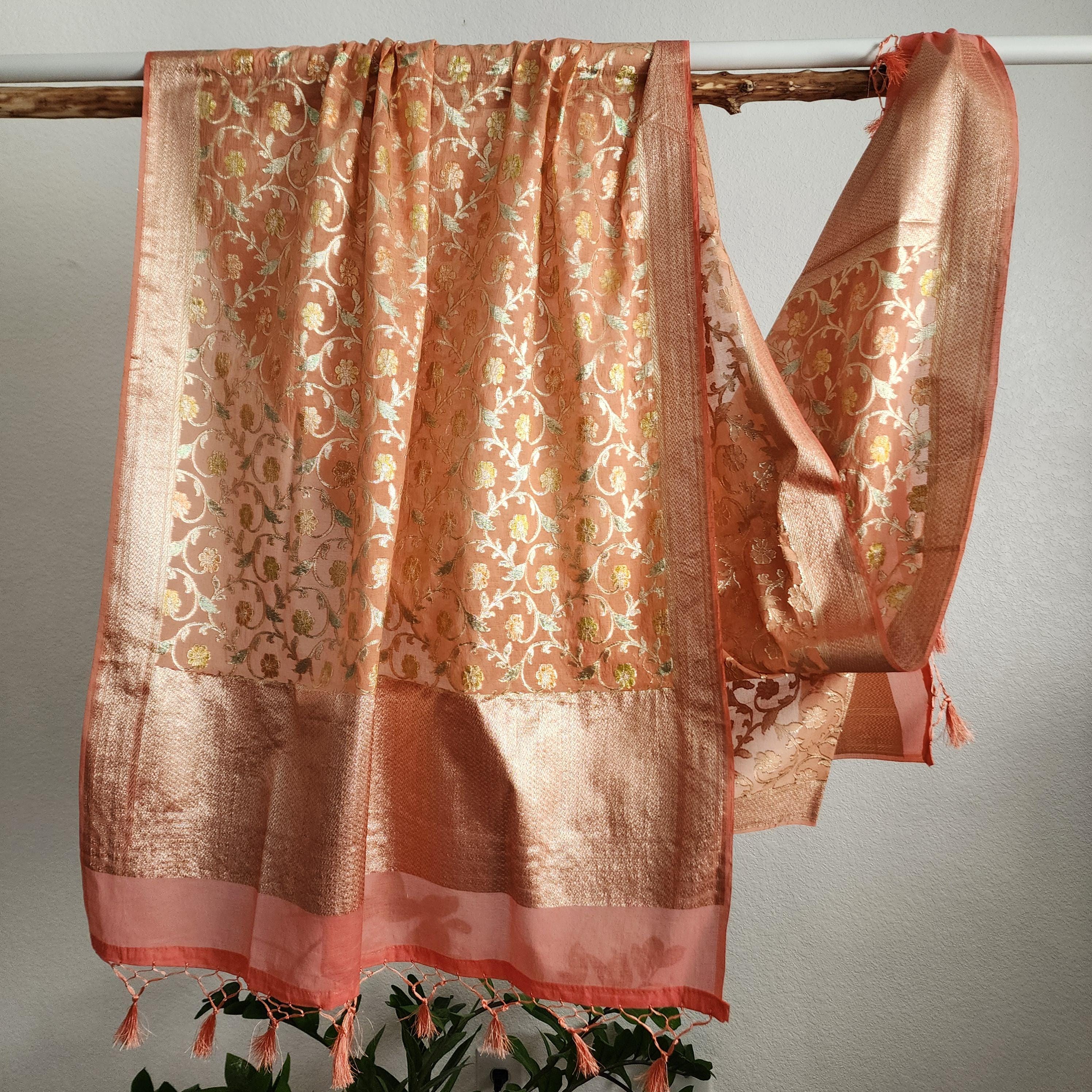 Banarasi Linen Silk Peach Pink dupatta, Handpainted Multicolor meenakari work