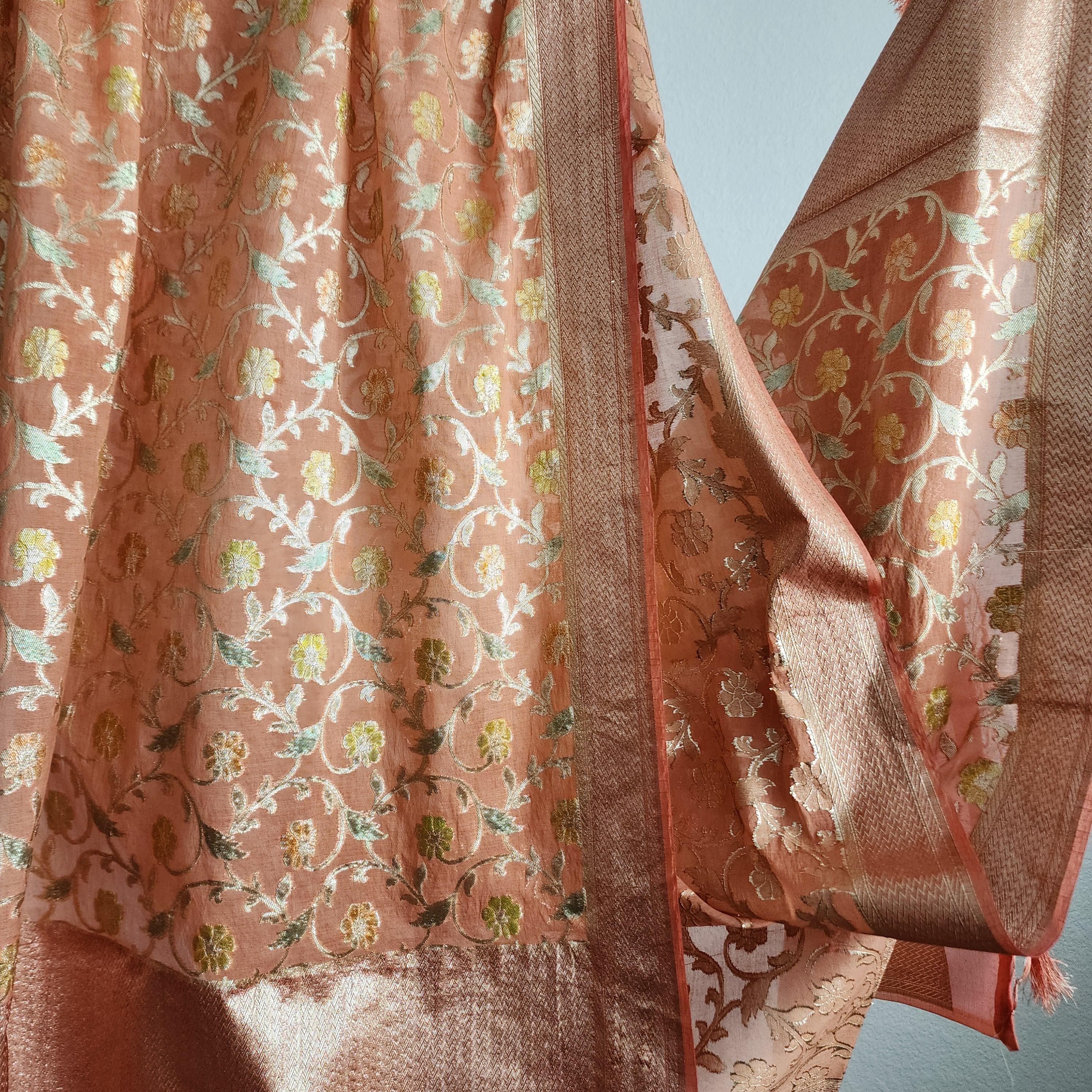 Banarasi Linen Silk Peach Pink dupatta, Handpainted Multicolor meenakari work