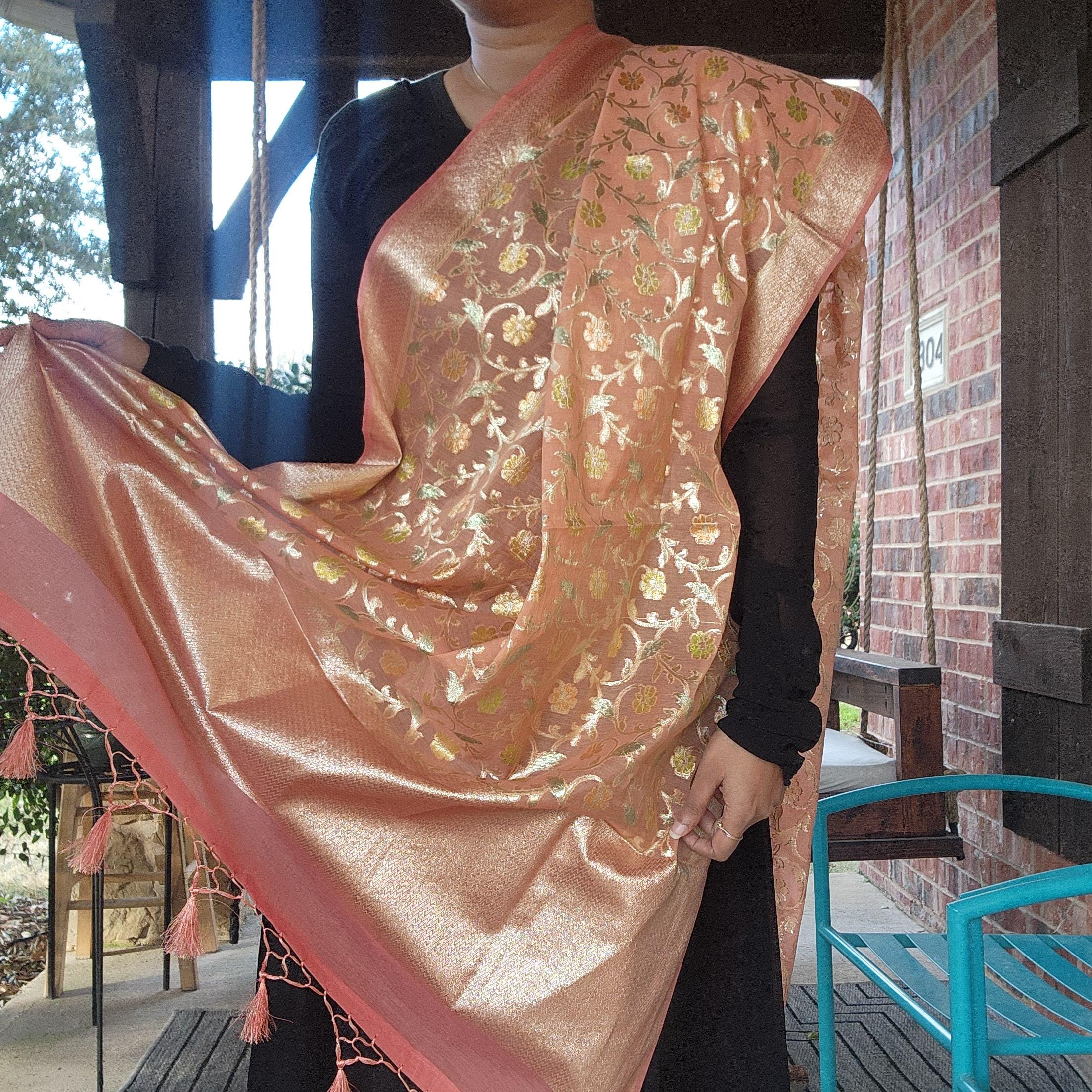 Banarasi Linen Silk Peach Pink dupatta, Handpainted Multicolor meenakari work