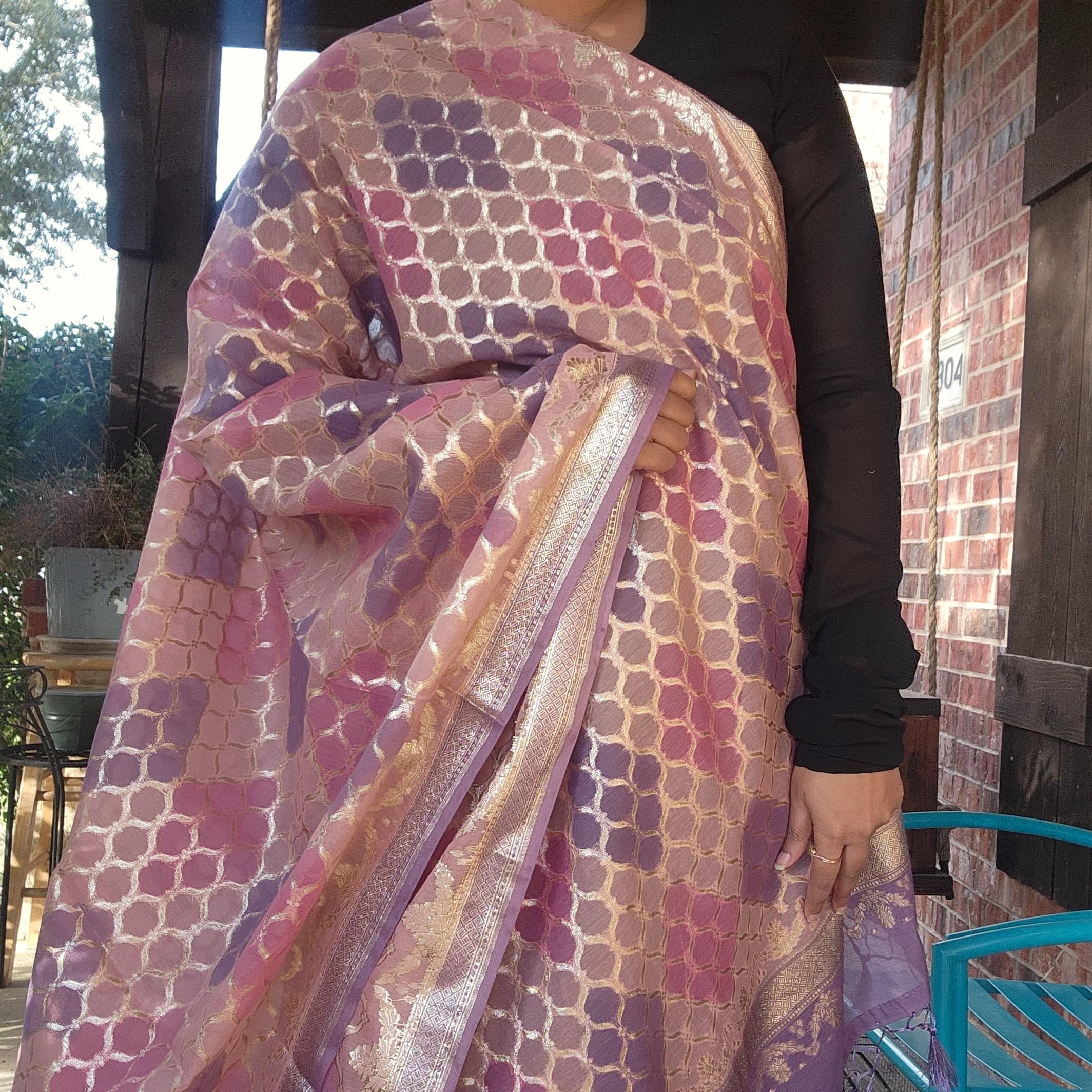 Banarasi Linen Silk Lavender & Pink dupatta, Handpainted Multicolor meenakari work