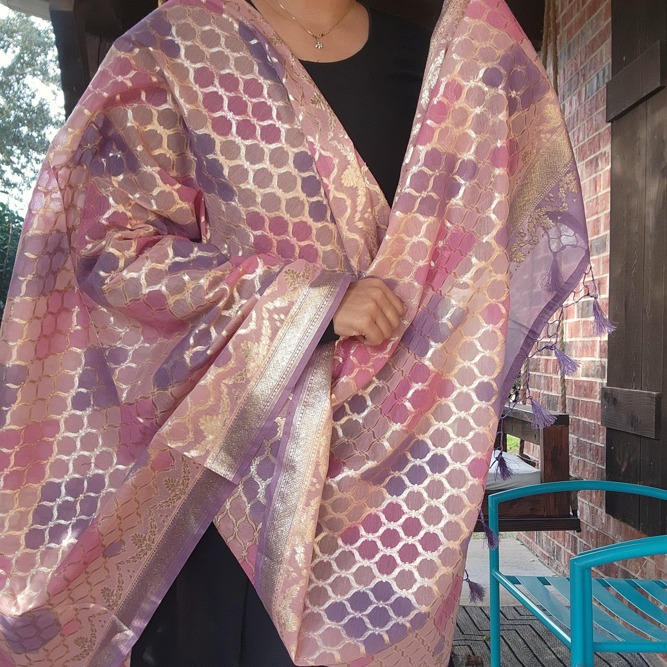 Banarasi Linen Silk Lavender & Pink dupatta, Handpainted Multicolor meenakari work