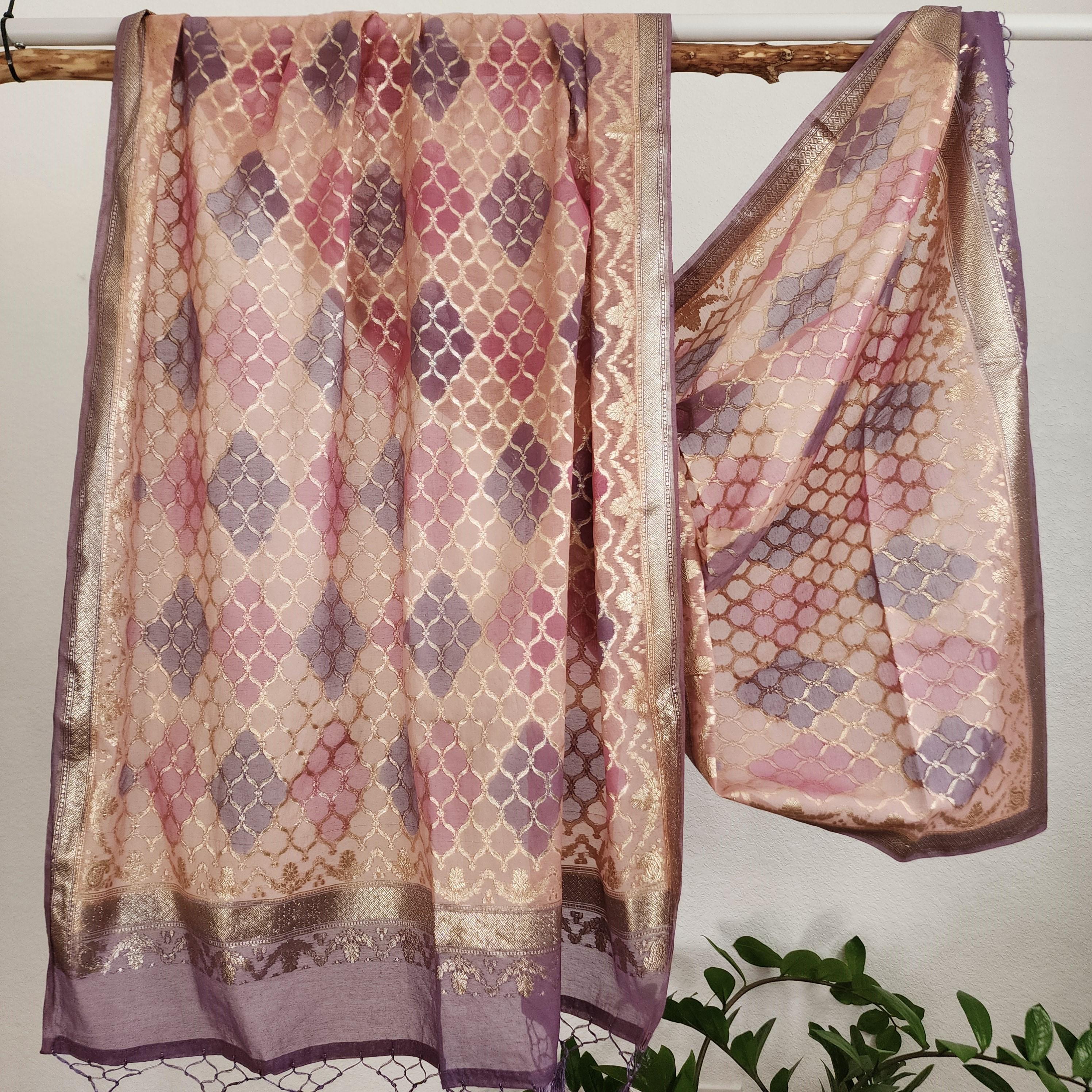 Banarasi Linen Silk Lavender & Pink dupatta, Handpainted Multicolor meenakari work