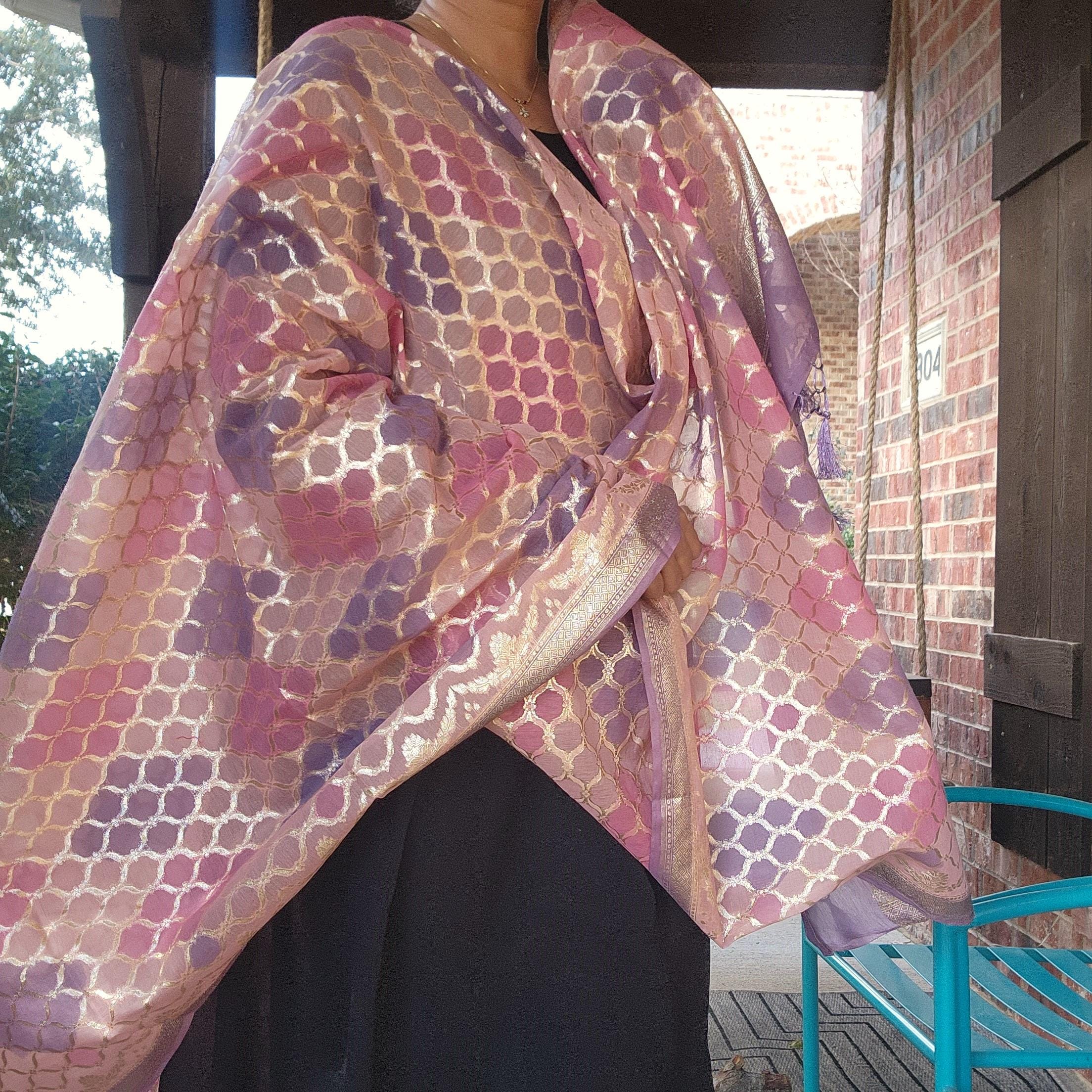 Banarasi Linen Silk Lavender & Pink dupatta, Handpainted Multicolor meenakari work