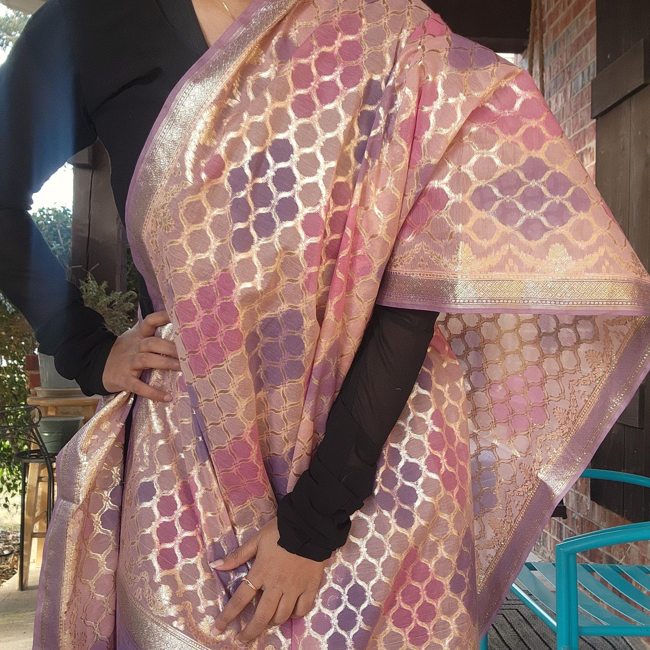Banarasi Linen Silk Lavender & Pink dupatta, Handpainted Multicolor meenakari work