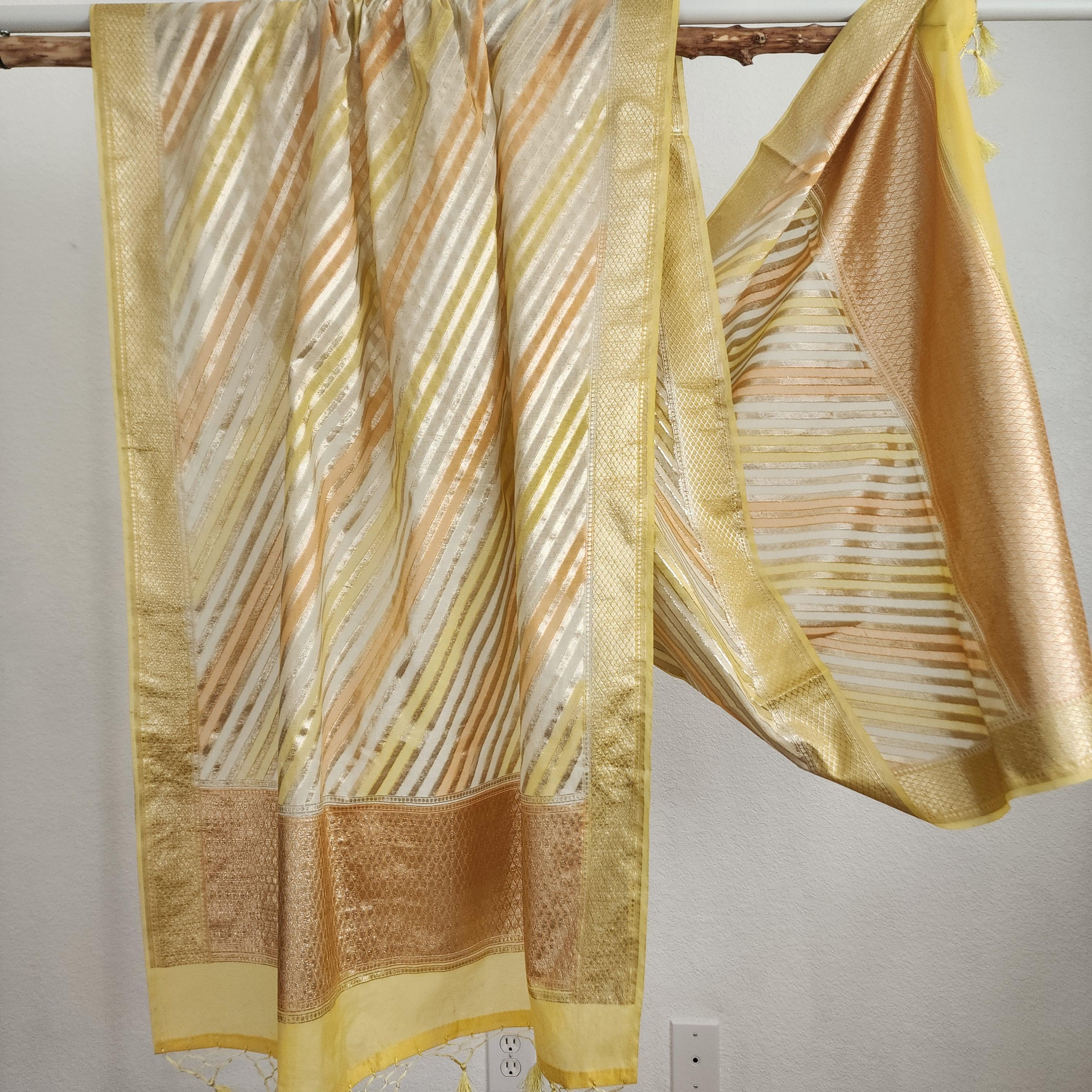 Banarasi Linen Silk Yellow & Orange dupatta, Handpainted Multicolor meenakari work