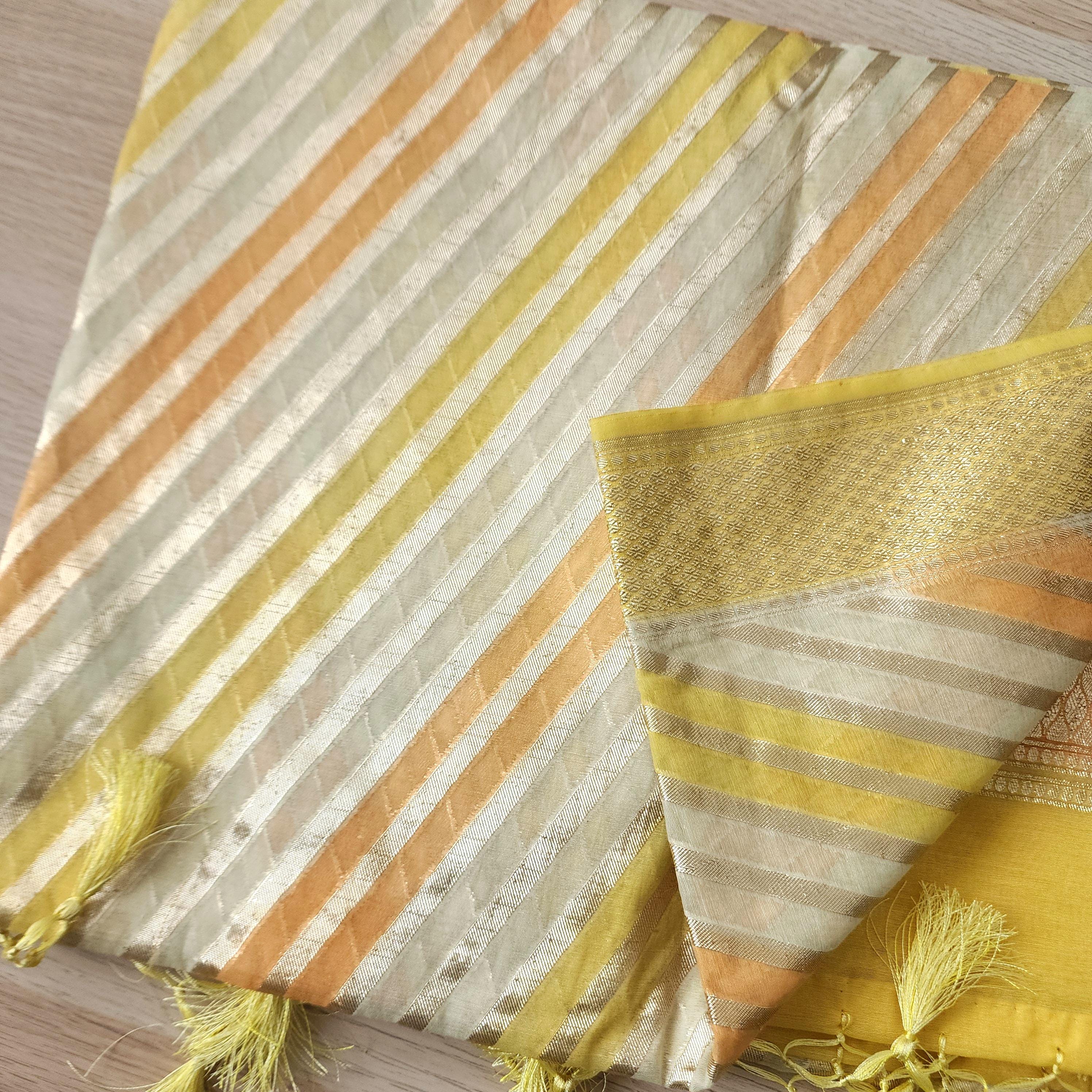 Banarasi Linen Silk Yellow & Orange dupatta, Handpainted Multicolor meenakari work
