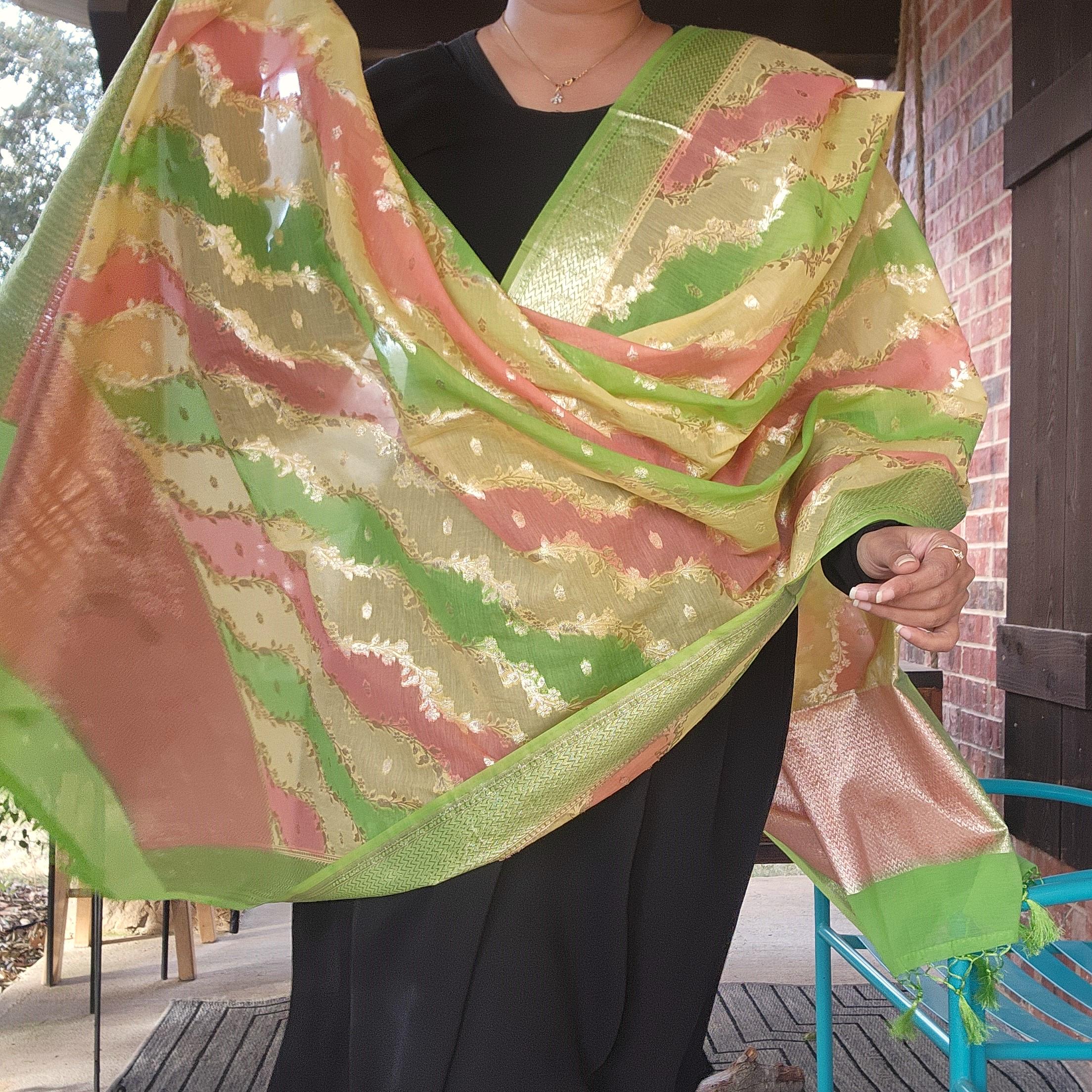 Banarasi Linen Silk Green dupatta, Handpainted Multicolor meenakari work