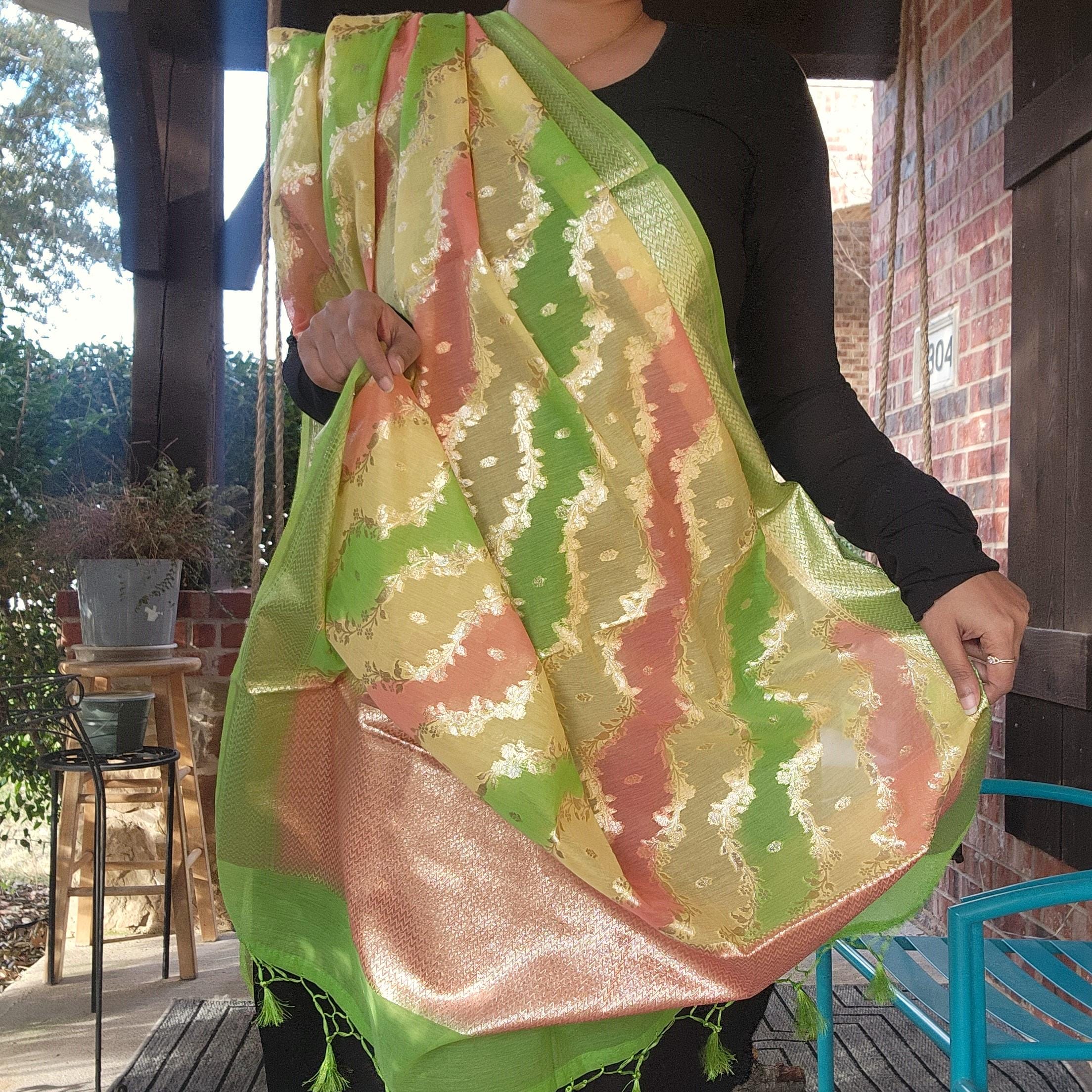 Banarasi Linen Silk Green dupatta, Handpainted Multicolor meenakari work