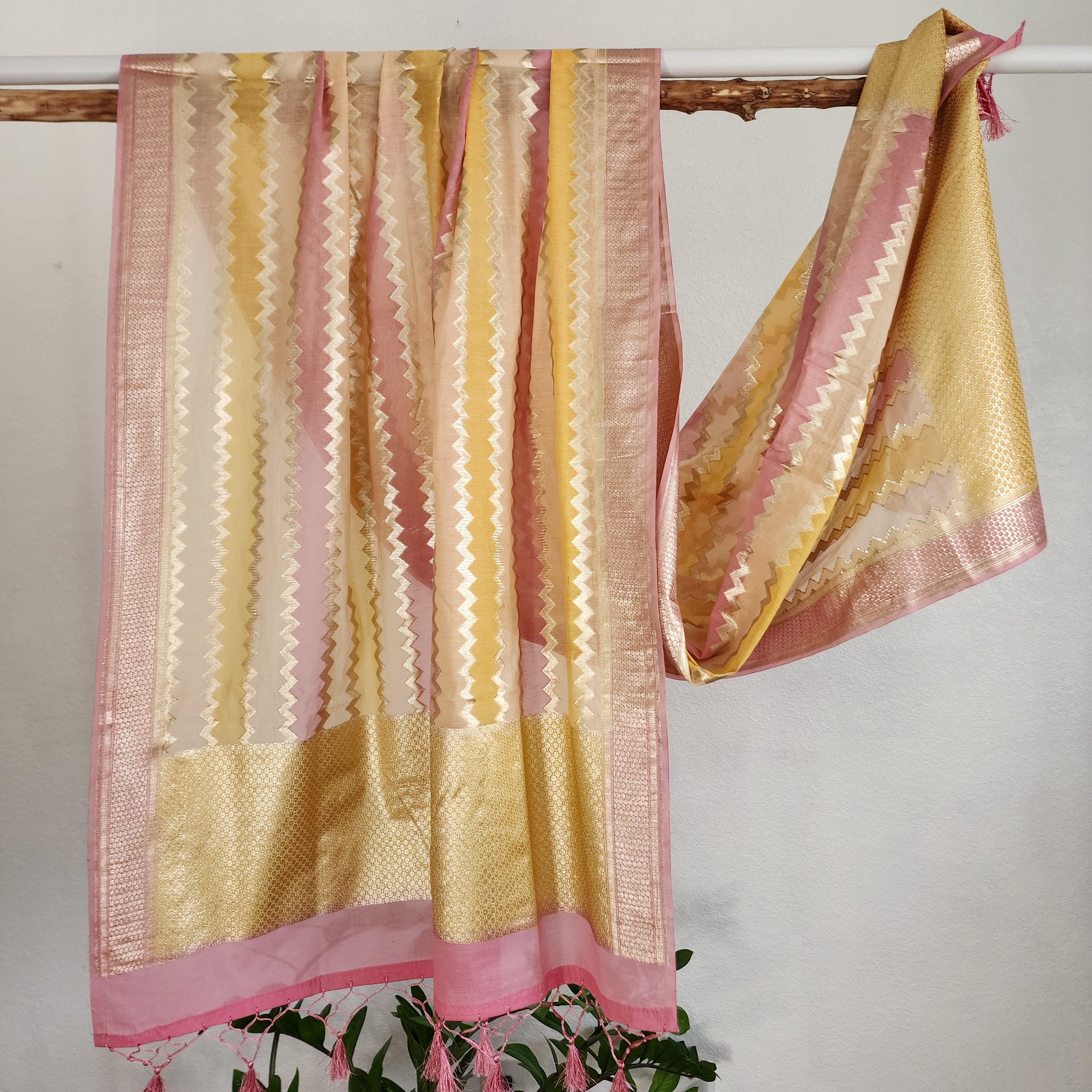 Banarasi Linen Silk Pink dupatta, Handpainted Multicolor meenakari work