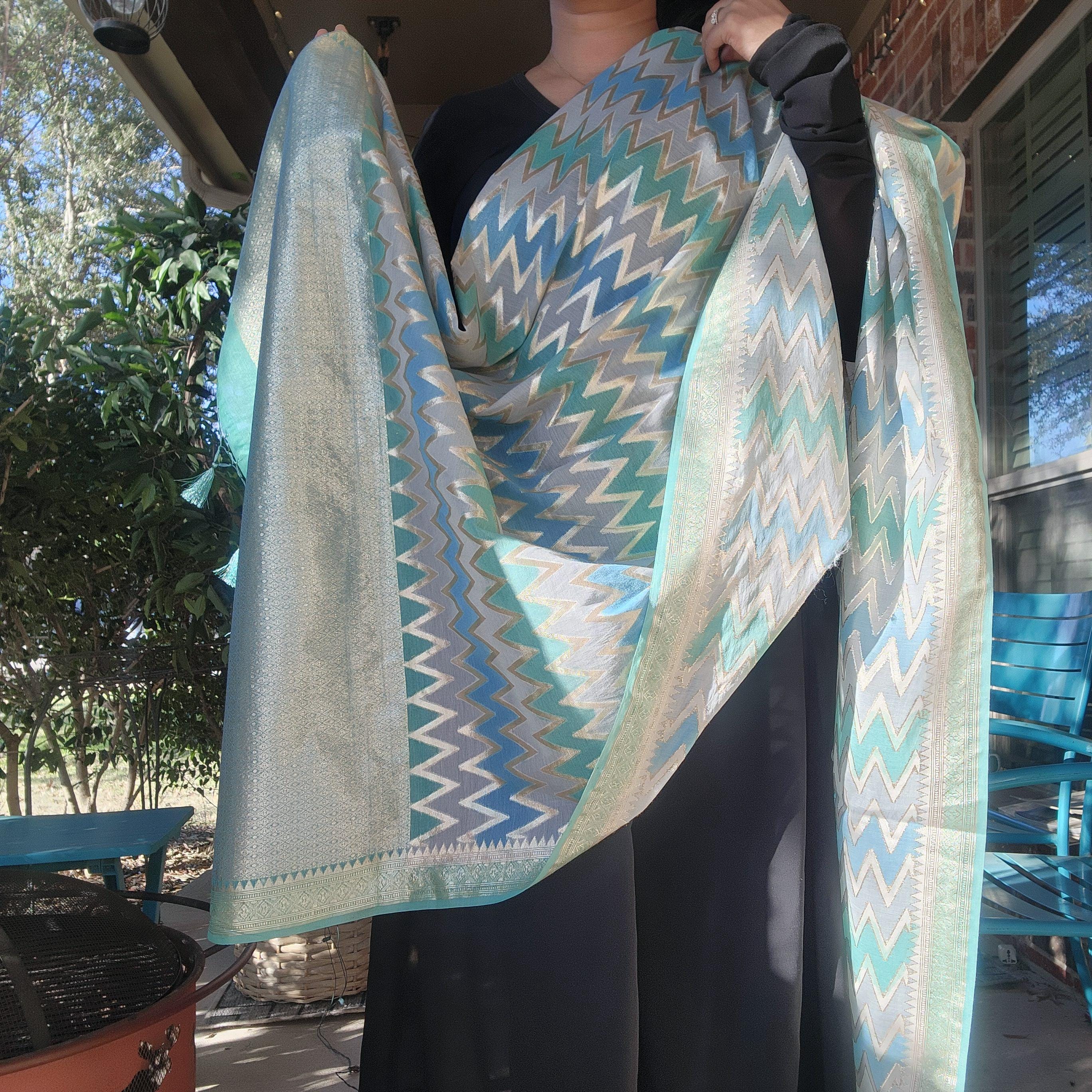 Banarasi Linen Silk Sky Blue with Gray dupatta, Handpainted Multicolor meenakari work