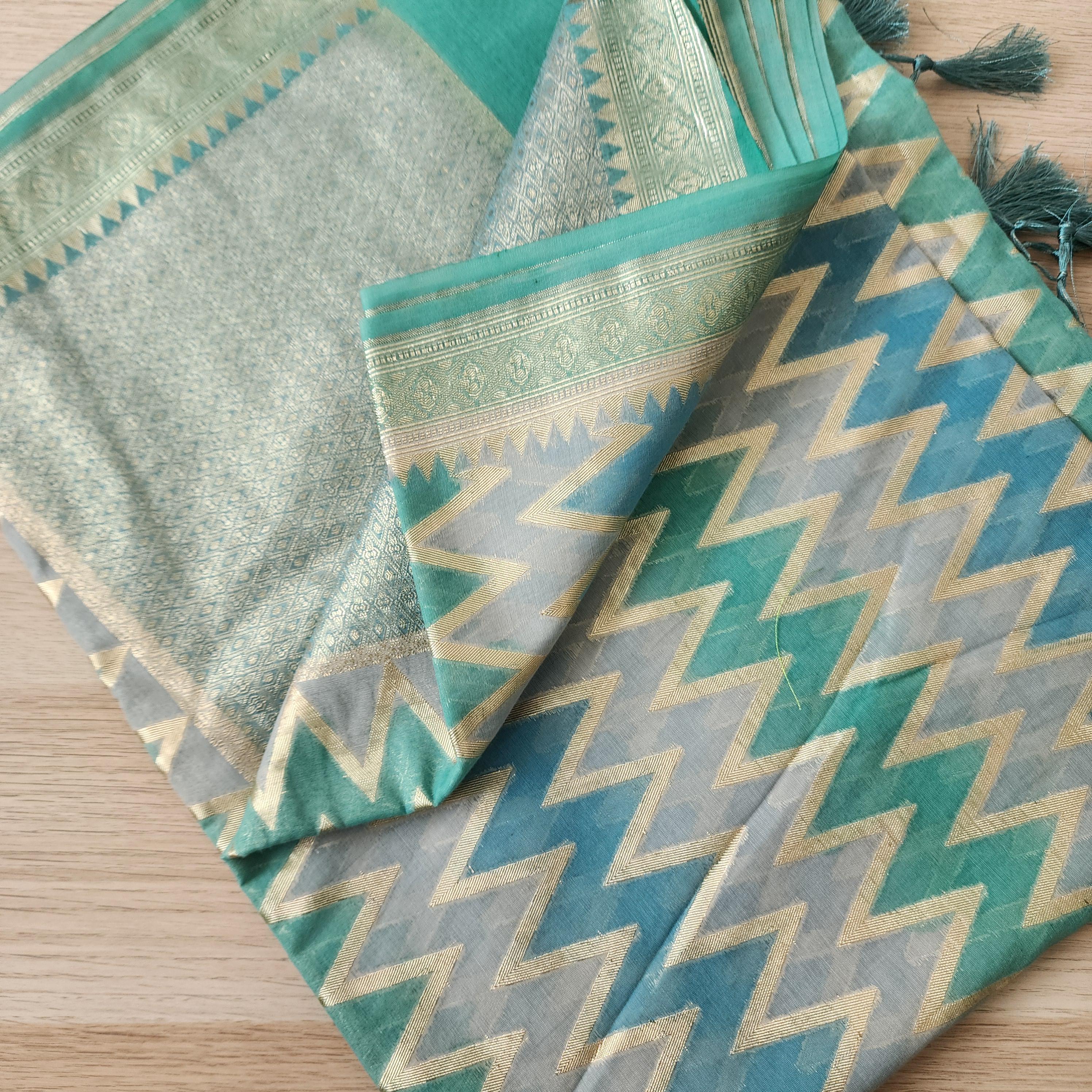 Banarasi Linen Silk Sky Blue with Gray dupatta, Handpainted Multicolor meenakari work