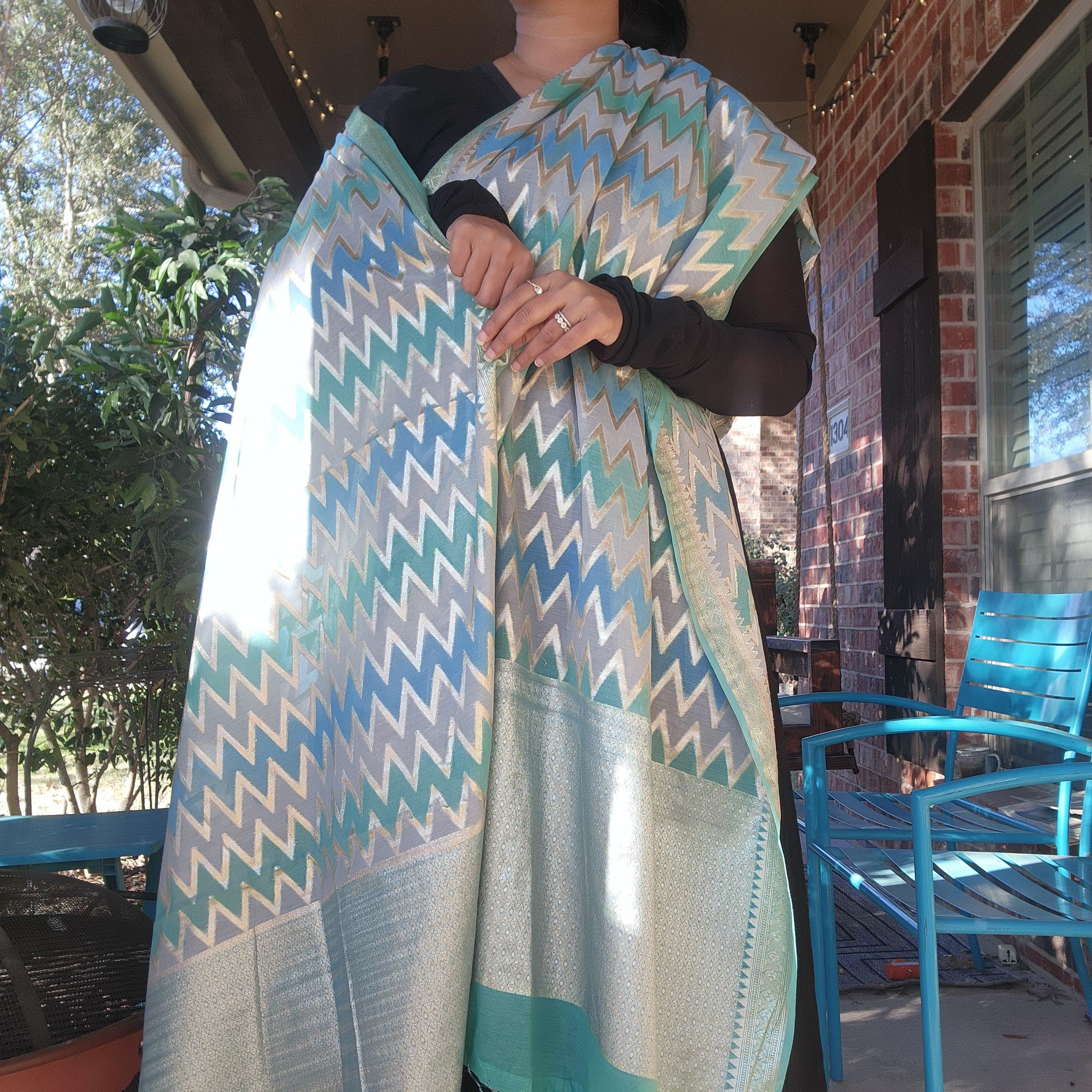 Banarasi Linen Silk Sky Blue with Gray dupatta, Handpainted Multicolor meenakari work