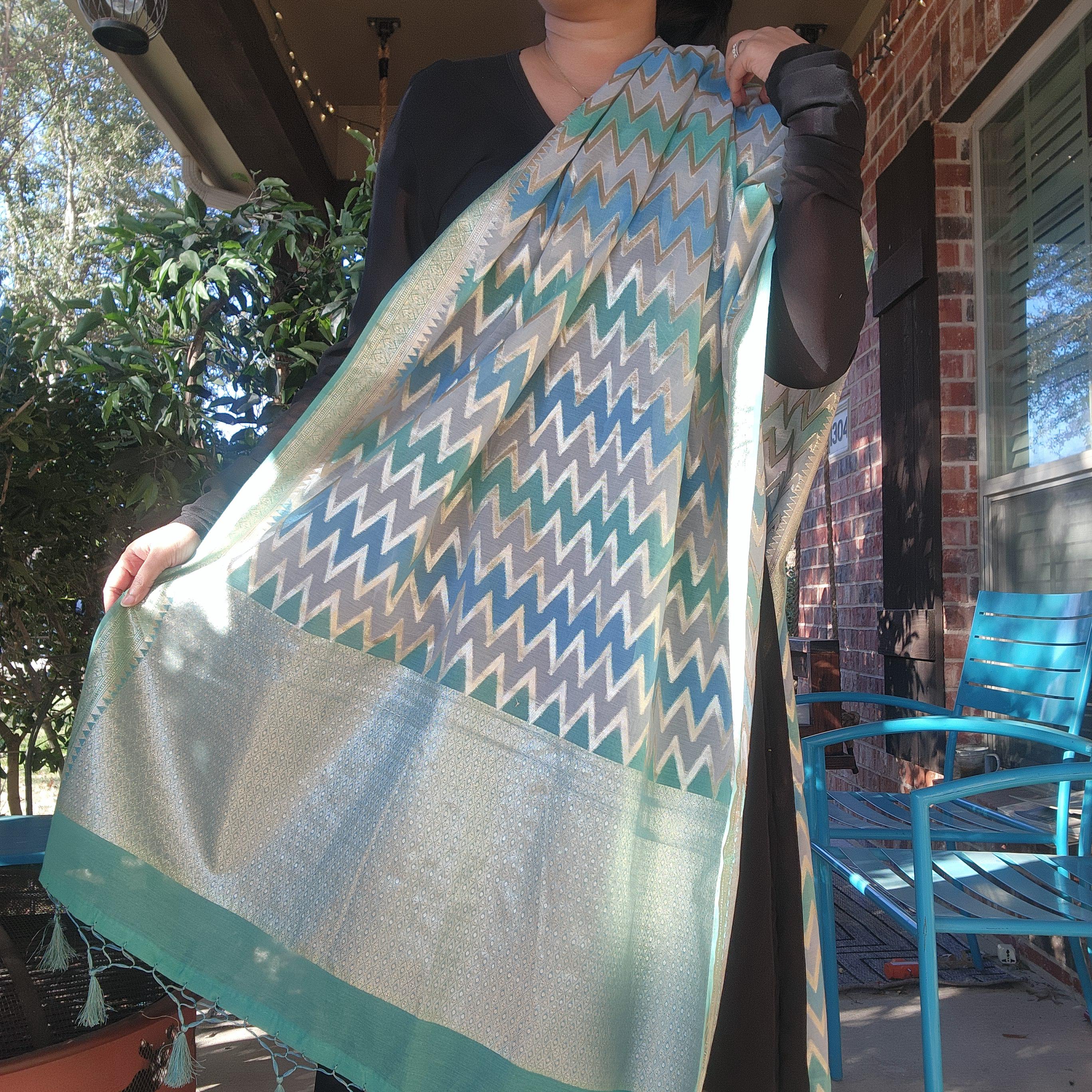 Banarasi Linen Silk Sky Blue with Gray dupatta, Handpainted Multicolor meenakari work