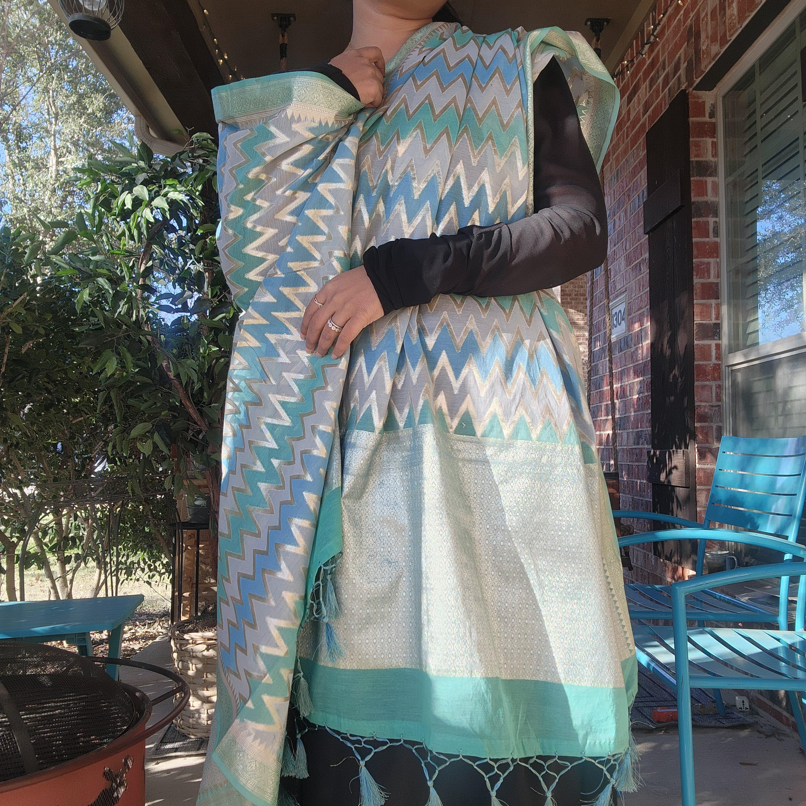 Banarasi Linen Silk Sky Blue with Gray dupatta, Handpainted Multicolor meenakari work