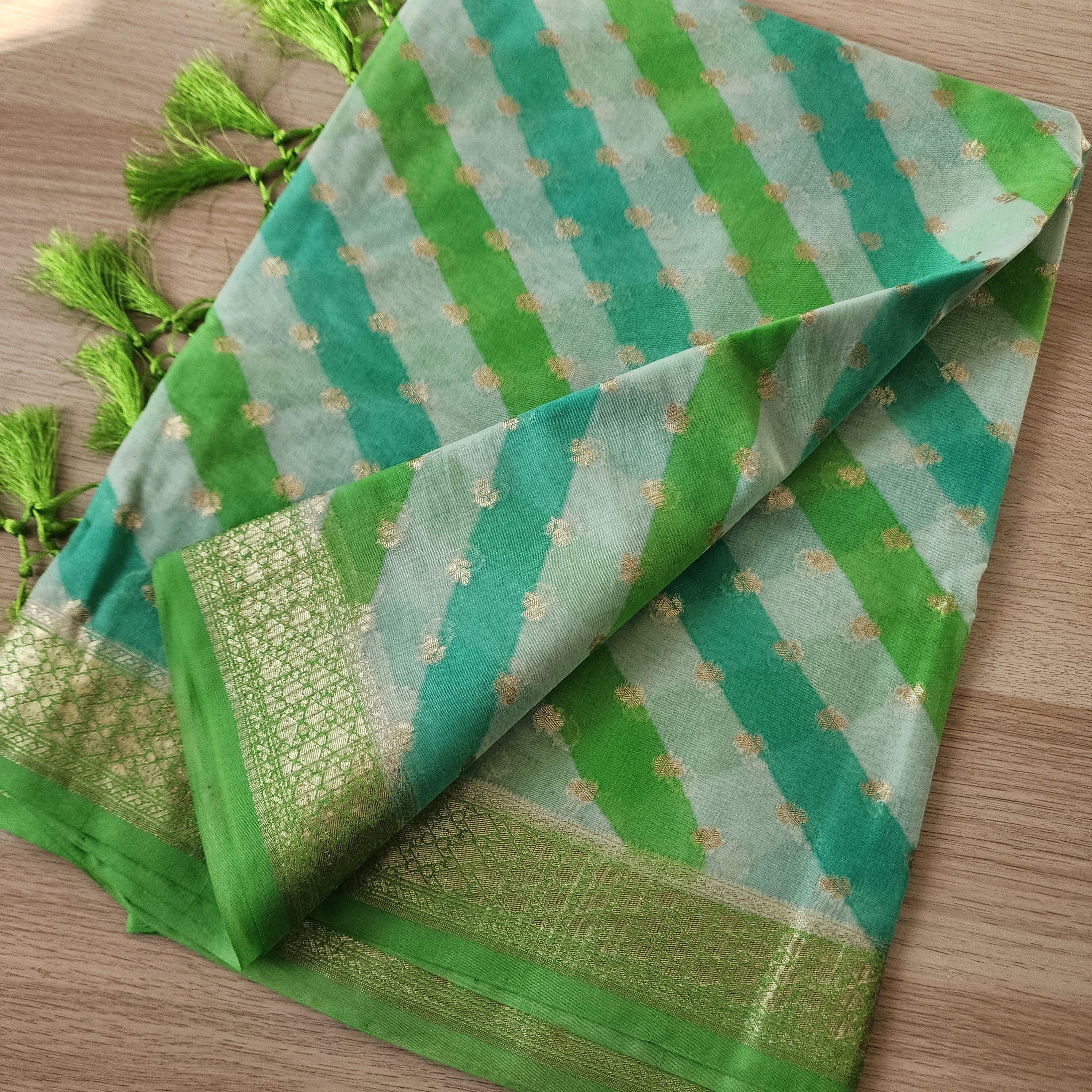 Banarasi Linen Silk Green with Sky Blue dupatta, Handpainted Multicolor meenakari work