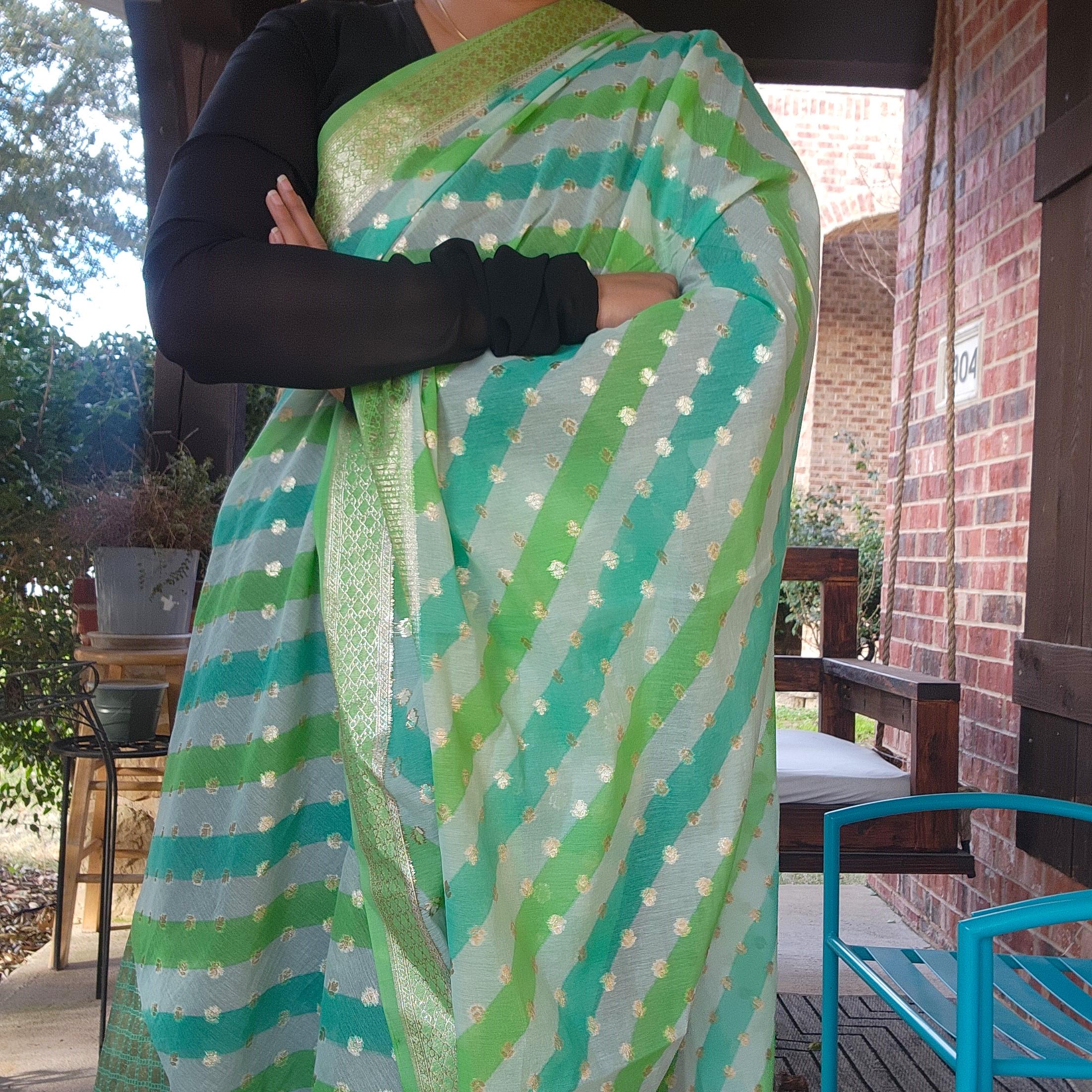 Banarasi Linen Silk Green with Sky Blue dupatta, Handpainted Multicolor meenakari work