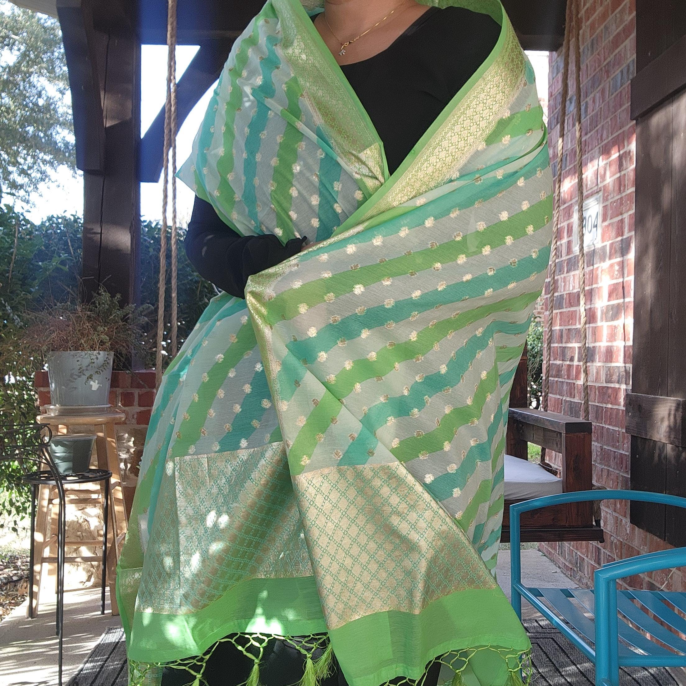Banarasi Linen Silk Green with Sky Blue dupatta, Handpainted Multicolor meenakari work