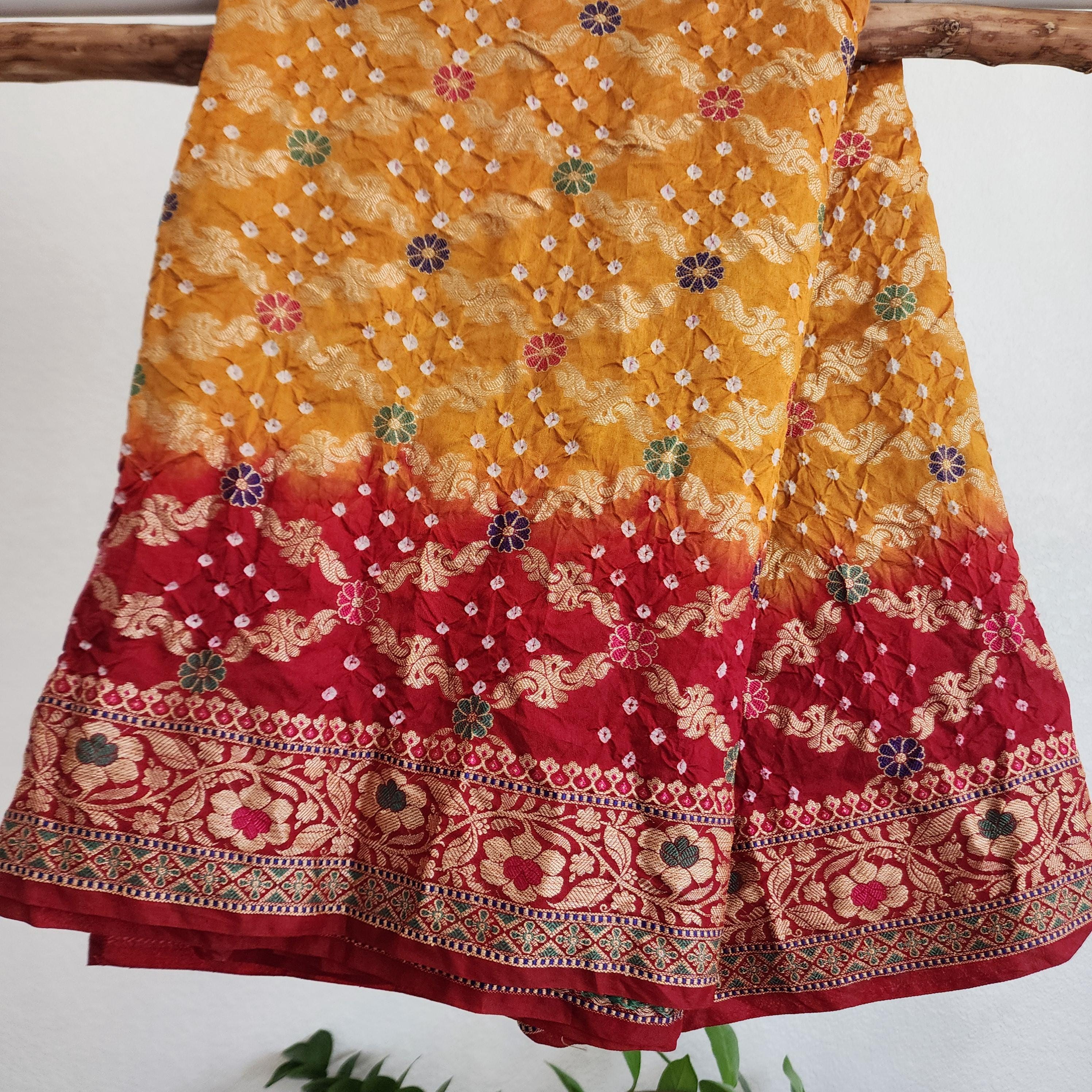 Banarasi Handwoven Bandhni Dupatta in Mustard Yellow Base & Maroon Red borders