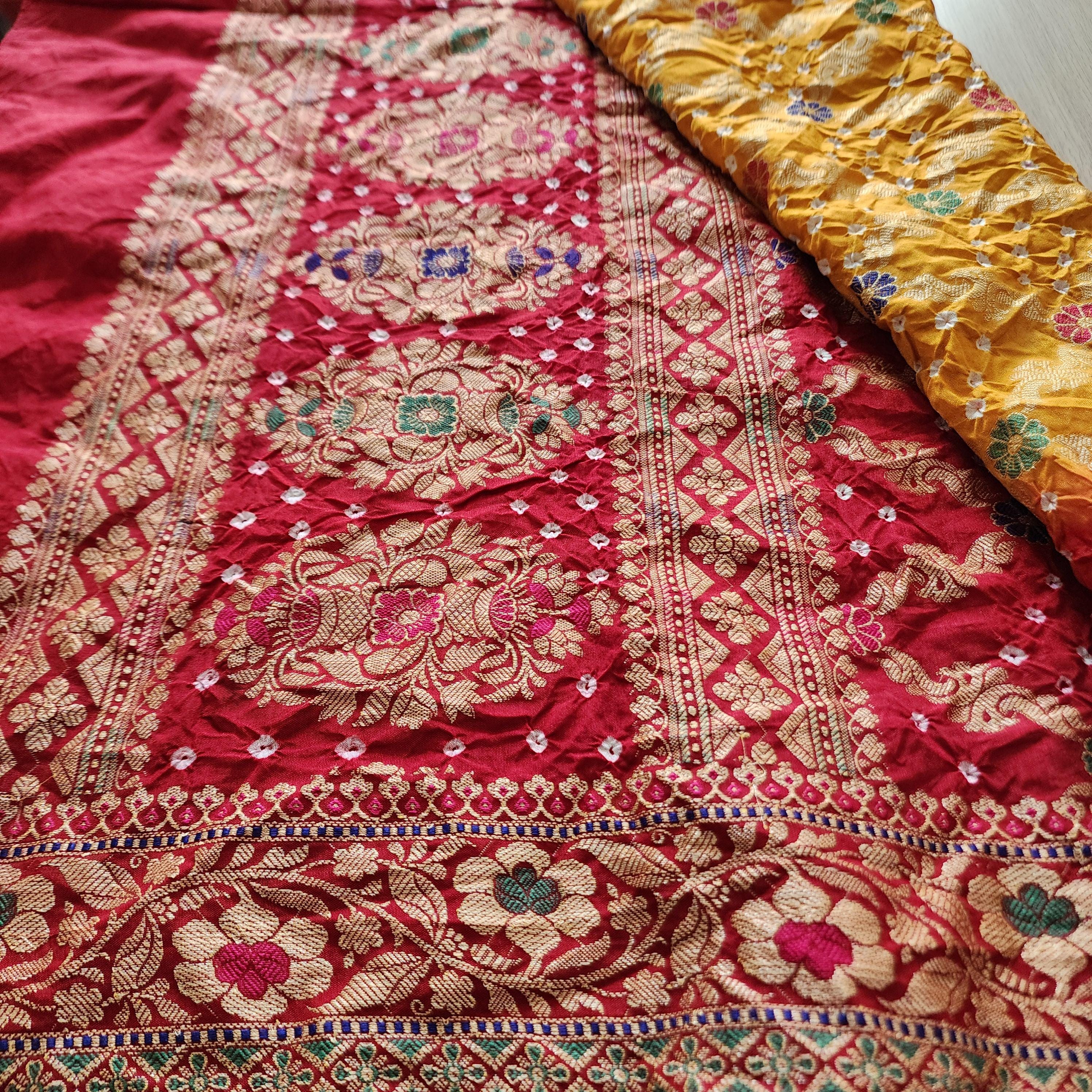 Banarasi Handwoven Bandhni Dupatta in Mustard Yellow Base & Maroon Red borders
