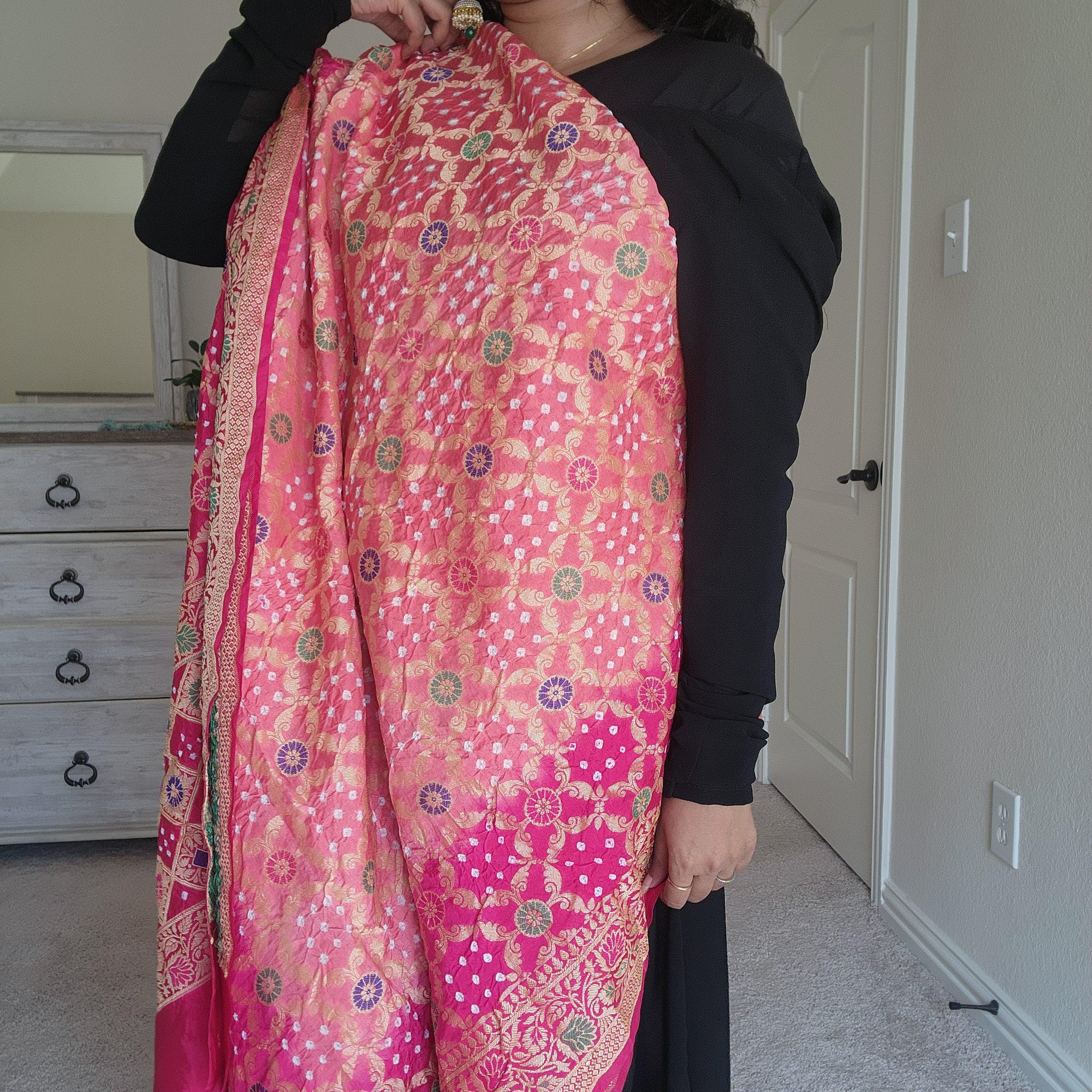 Banarasi Handwoven Bandhni Dupatta in Peach Base & Rani Pink borders