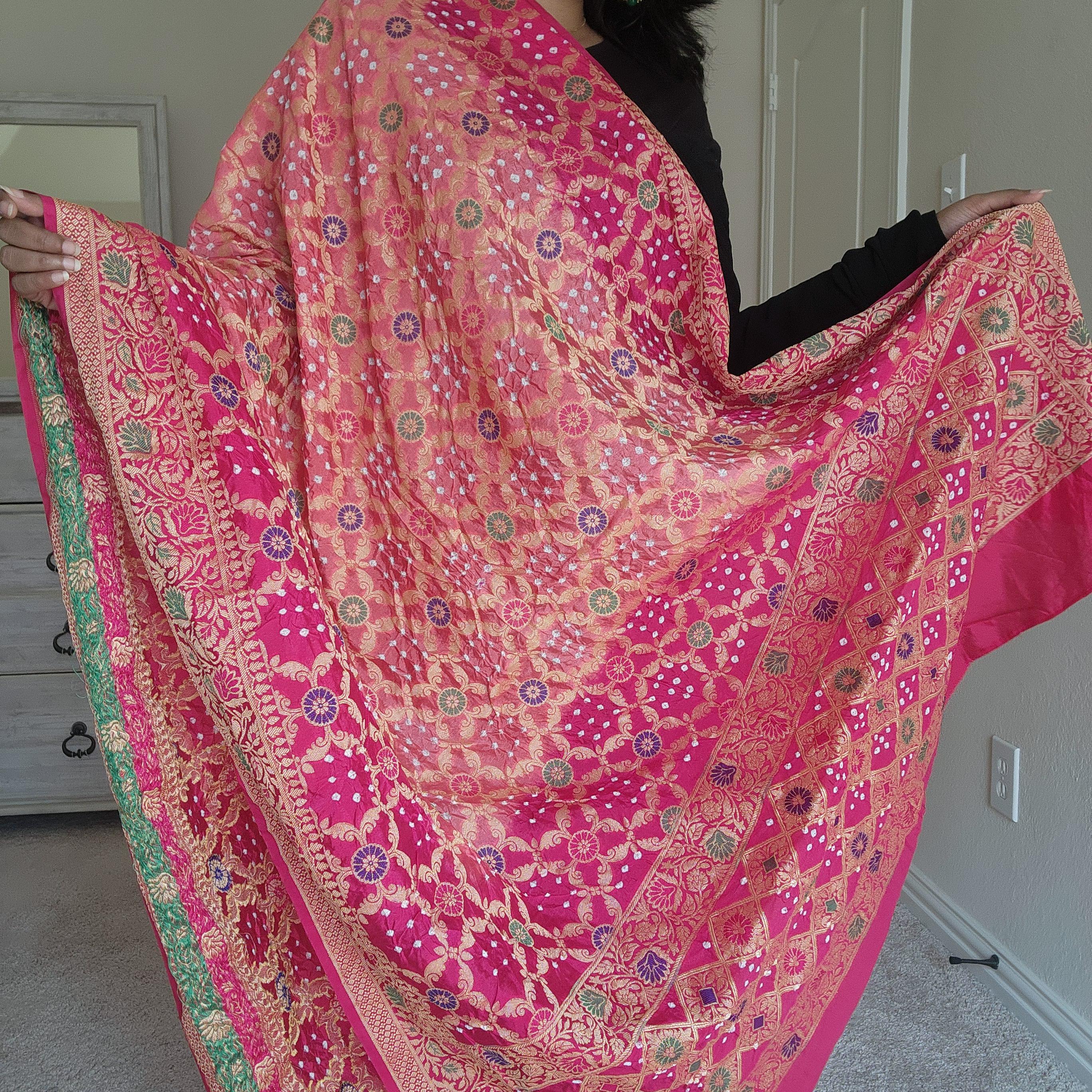 Banarasi Handwoven Bandhni Dupatta in Peach Base & Rani Pink borders