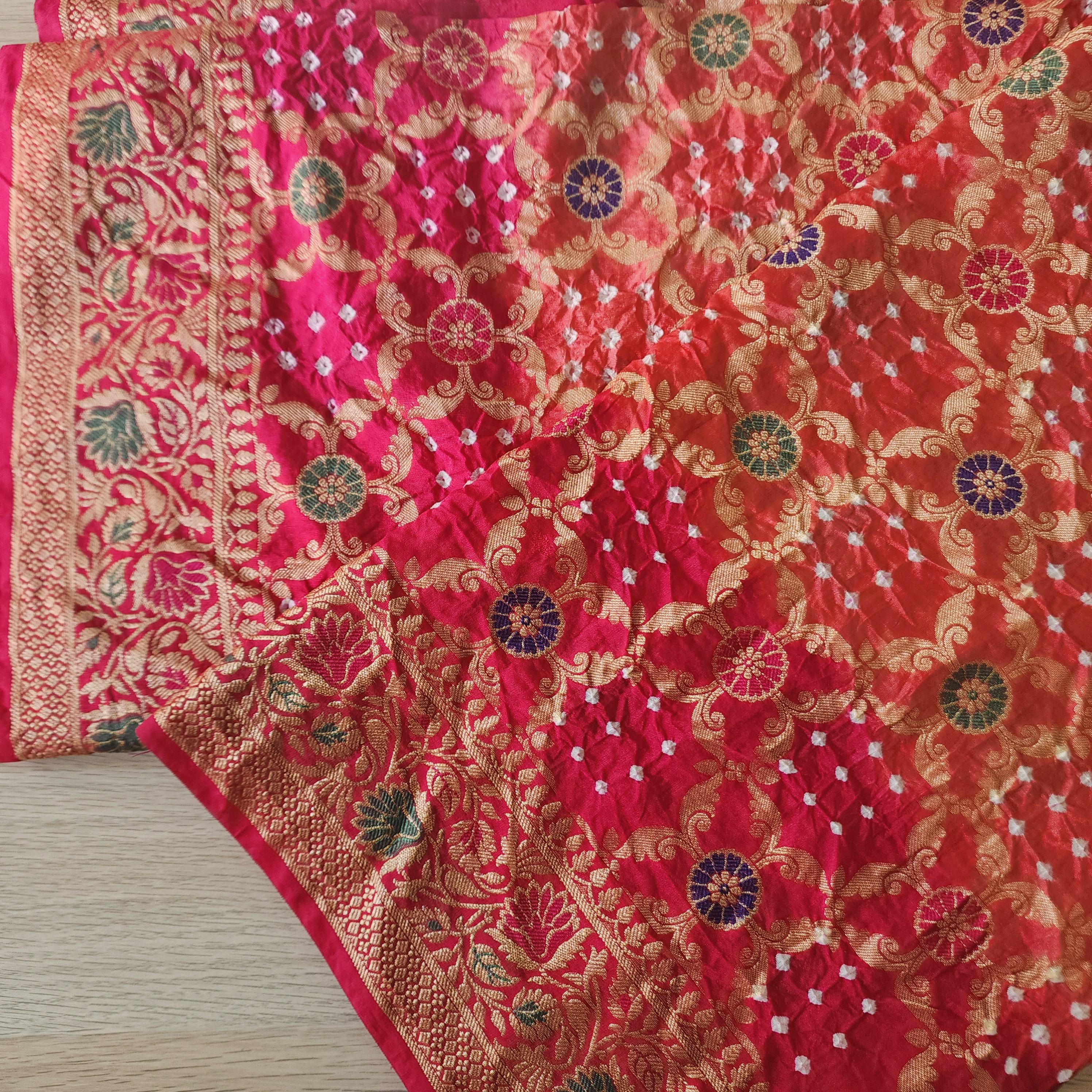 Banarasi Handwoven Bandhni Dupatta in Peach Base & Rani Pink borders