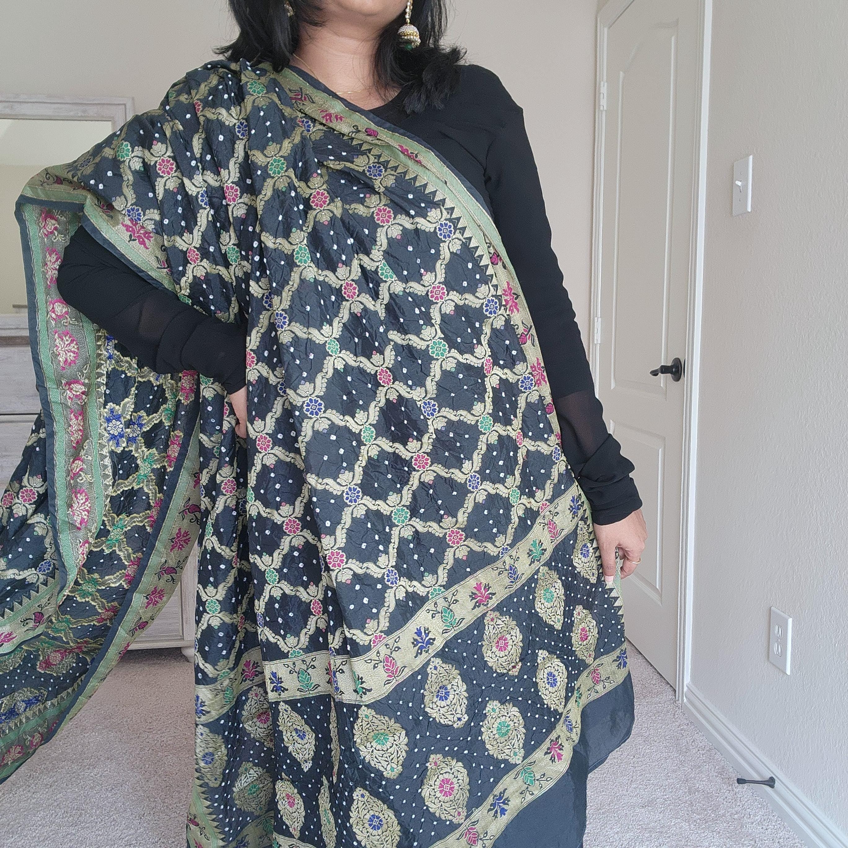 Banarasi Handwoven Bandhni Dupatta in Gunmetal Gray