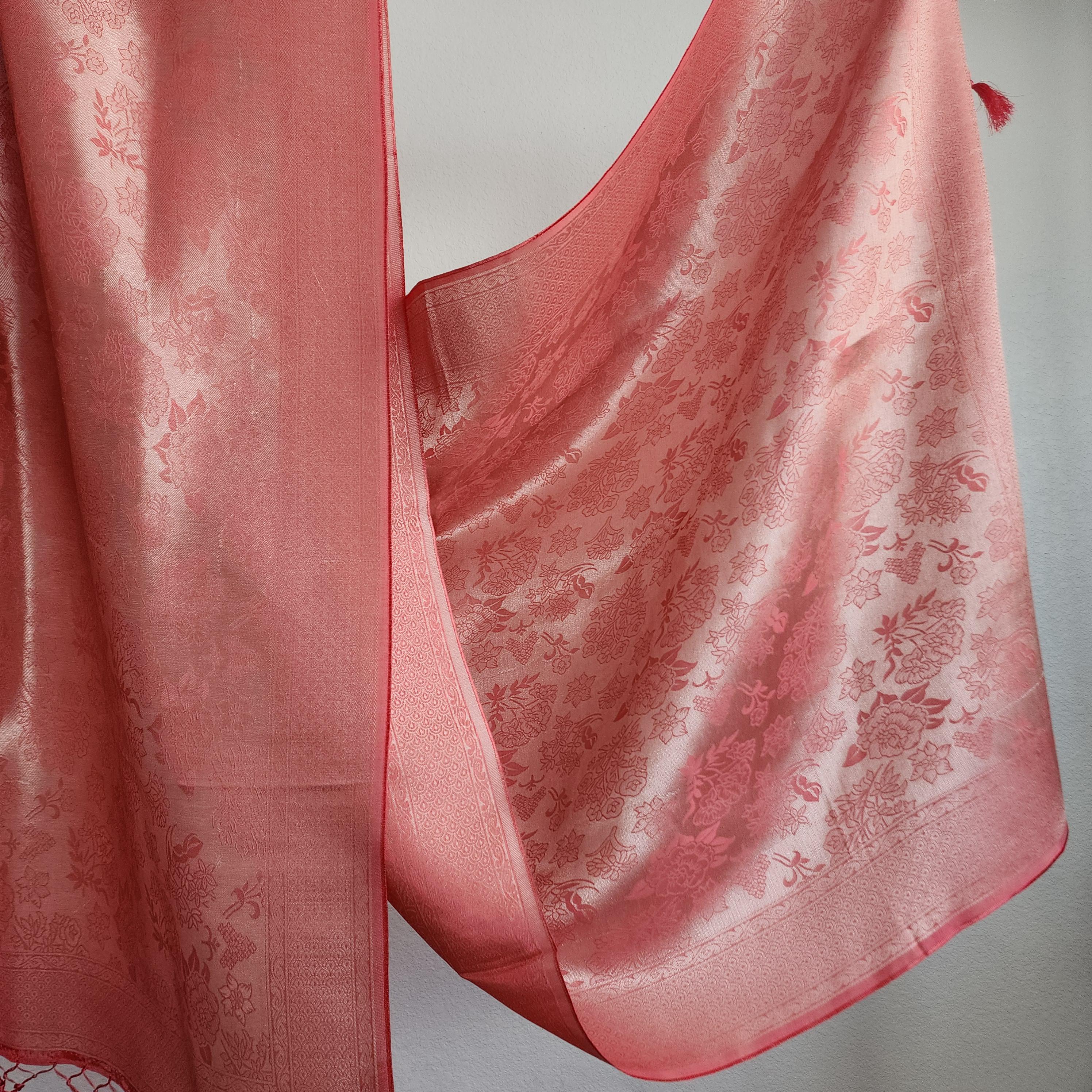 Banarasi Katan Silk Handwoven Dupatta in Coral Pink