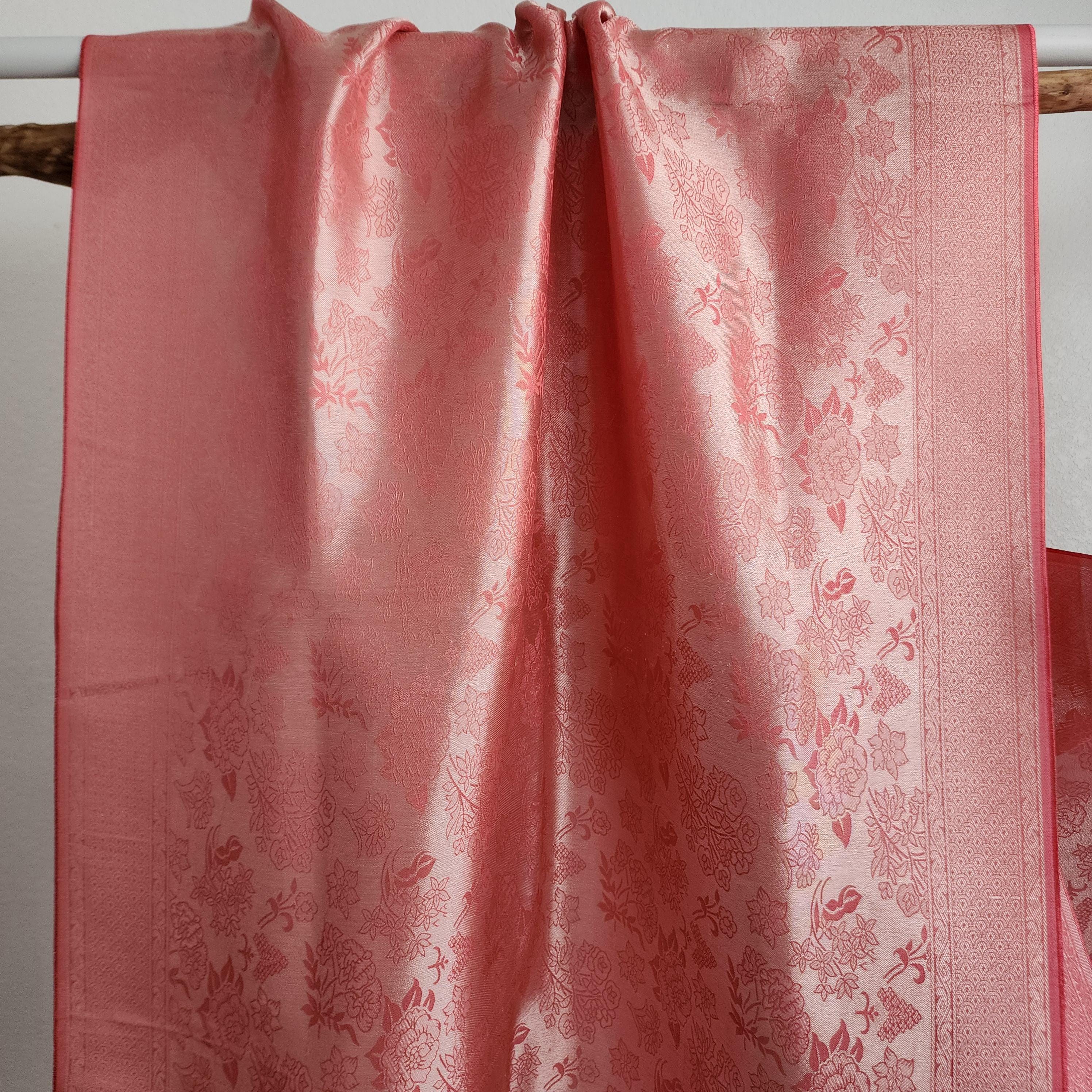 Banarasi Katan Silk Handwoven Dupatta in Coral Pink