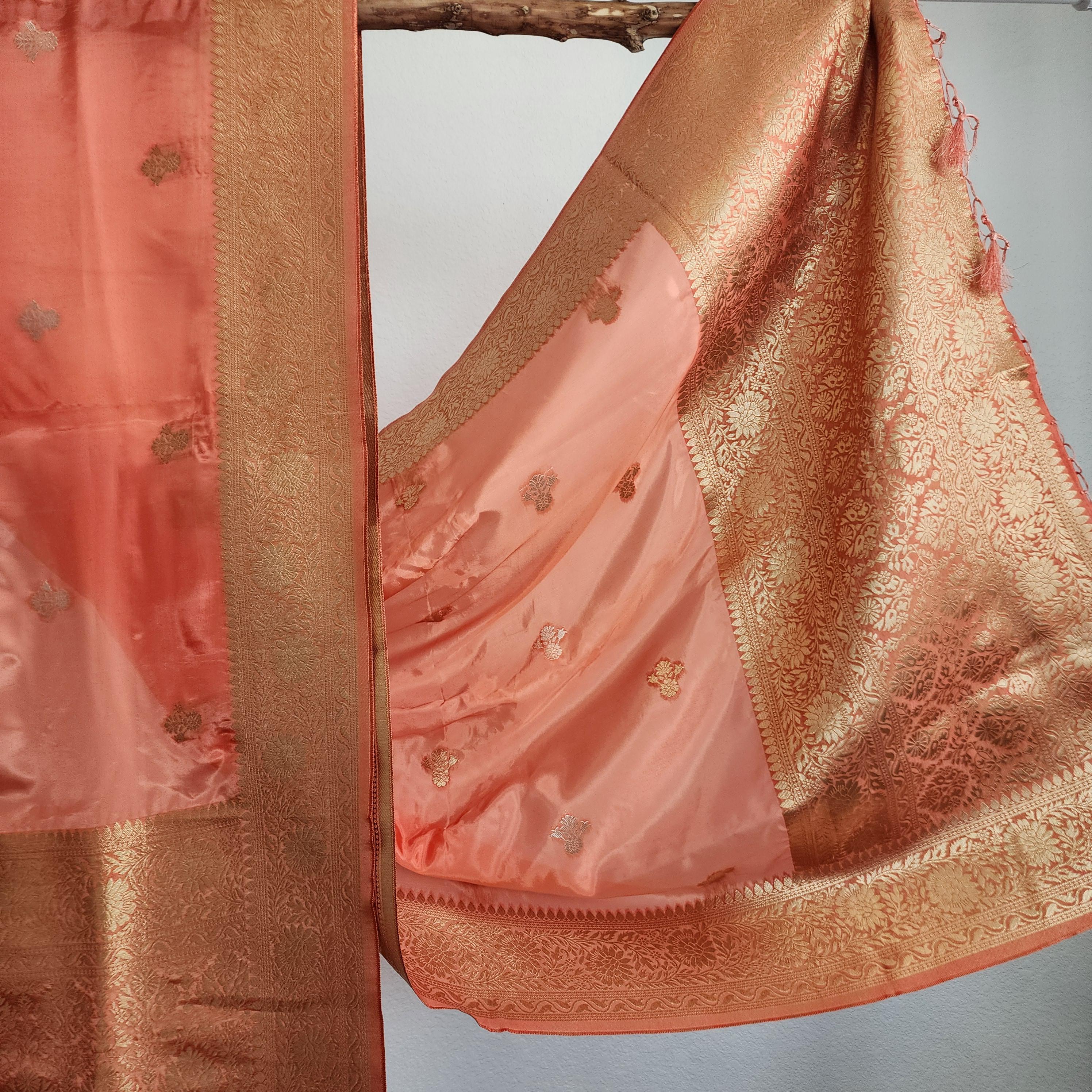 Banarasi Katan Silk Handwoven Dupatta in Peach